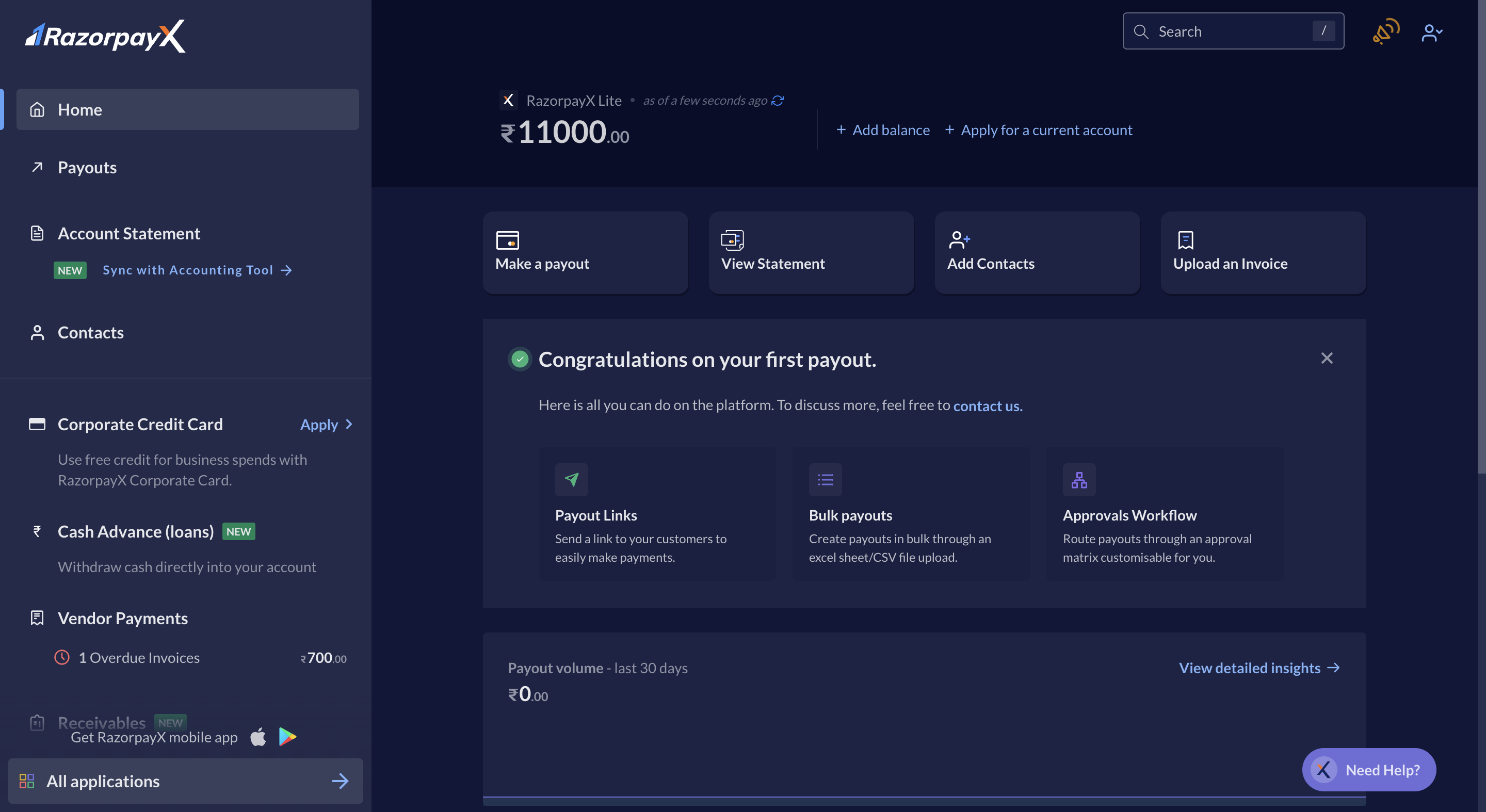 RazorpayX Dashboard. '+ Add balance' is available at the top-middle edge of the screen.