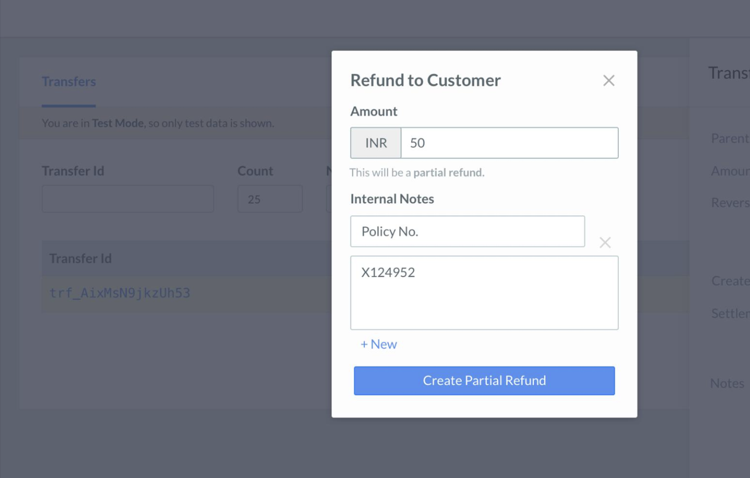 Partial refund page