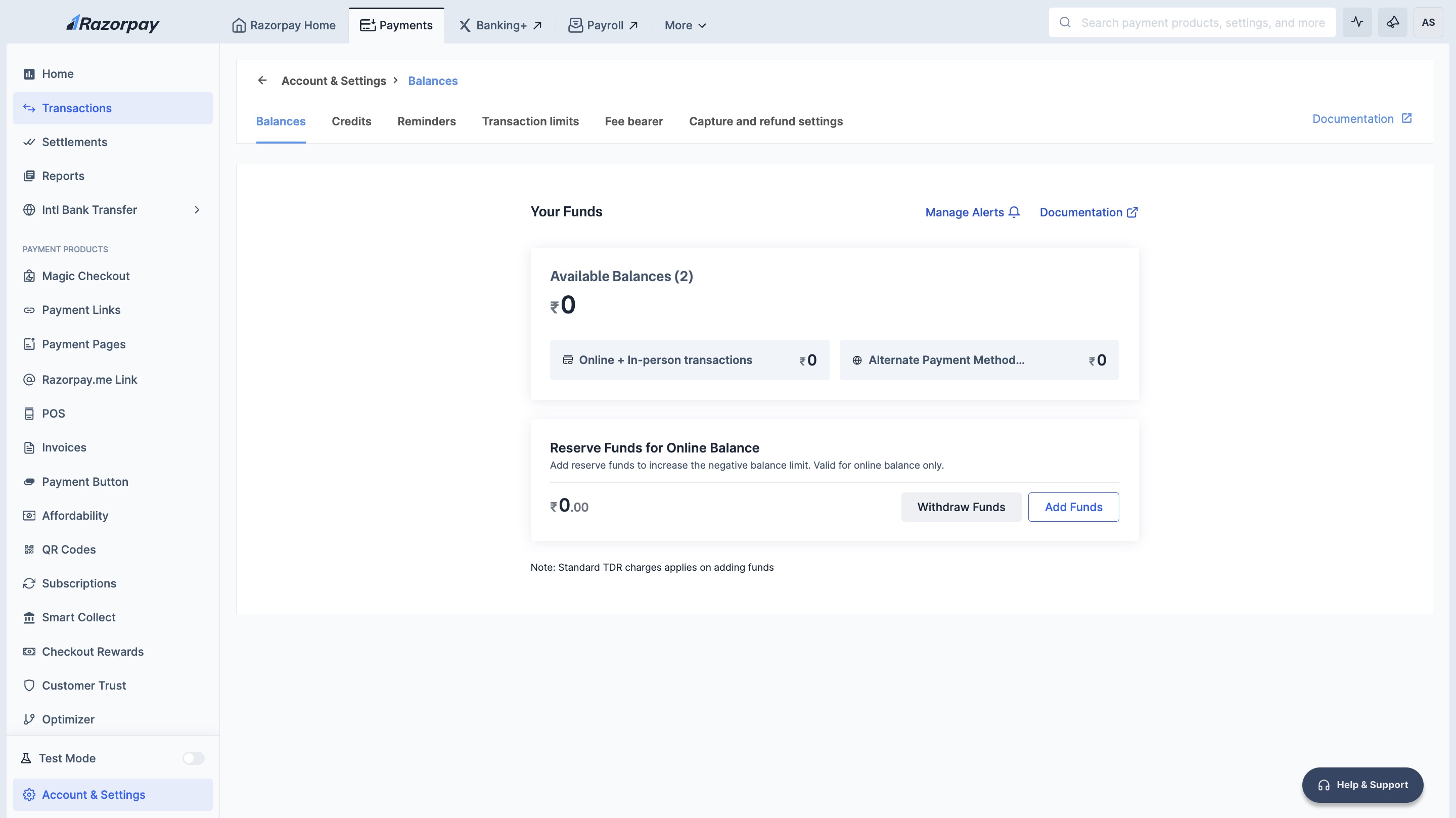 account settings balances razorpay