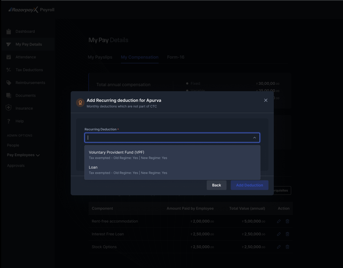 Add Recurring deduction dialog with Recurring Deduction dropdown open.