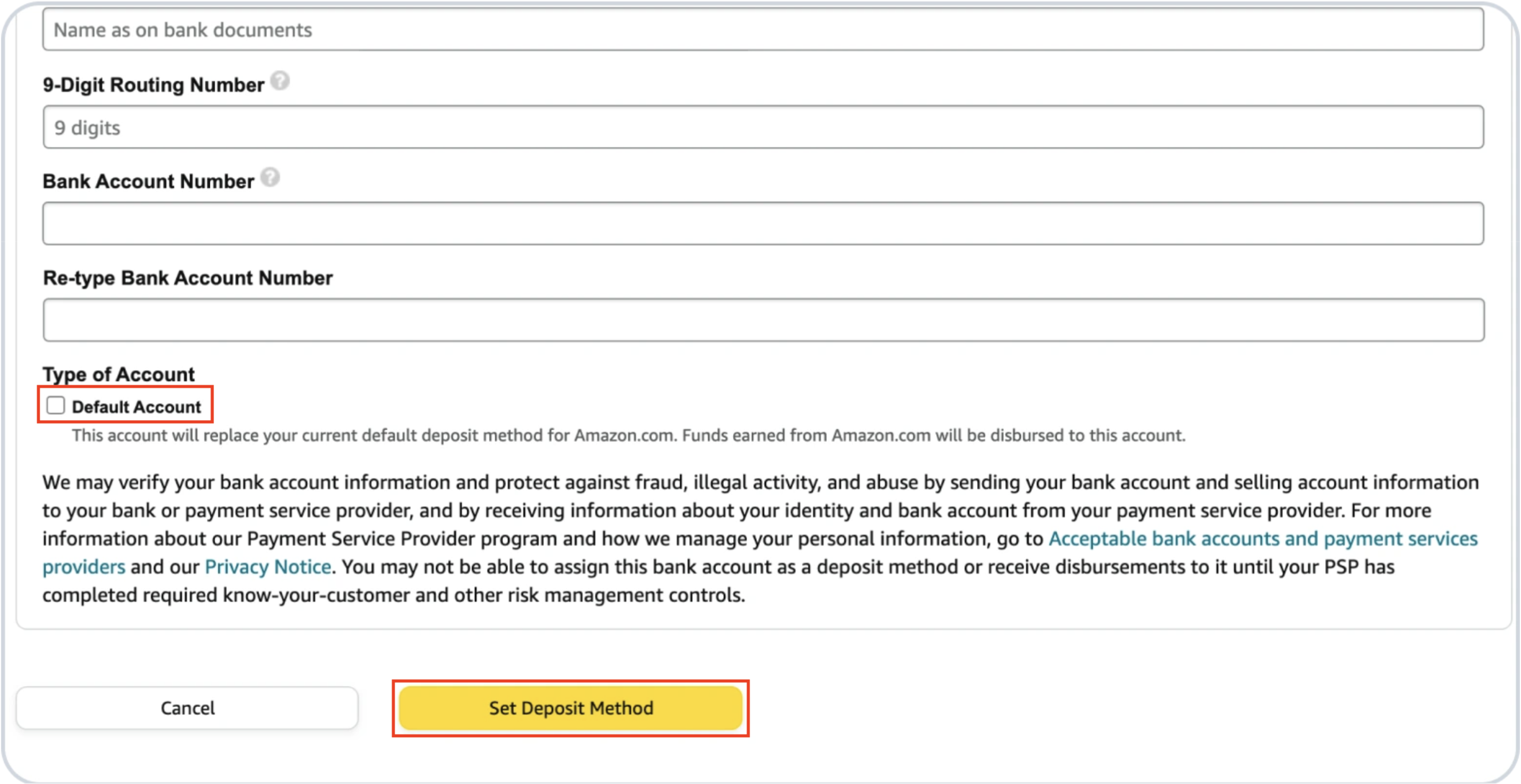 Amazon Set the Deposit Methods