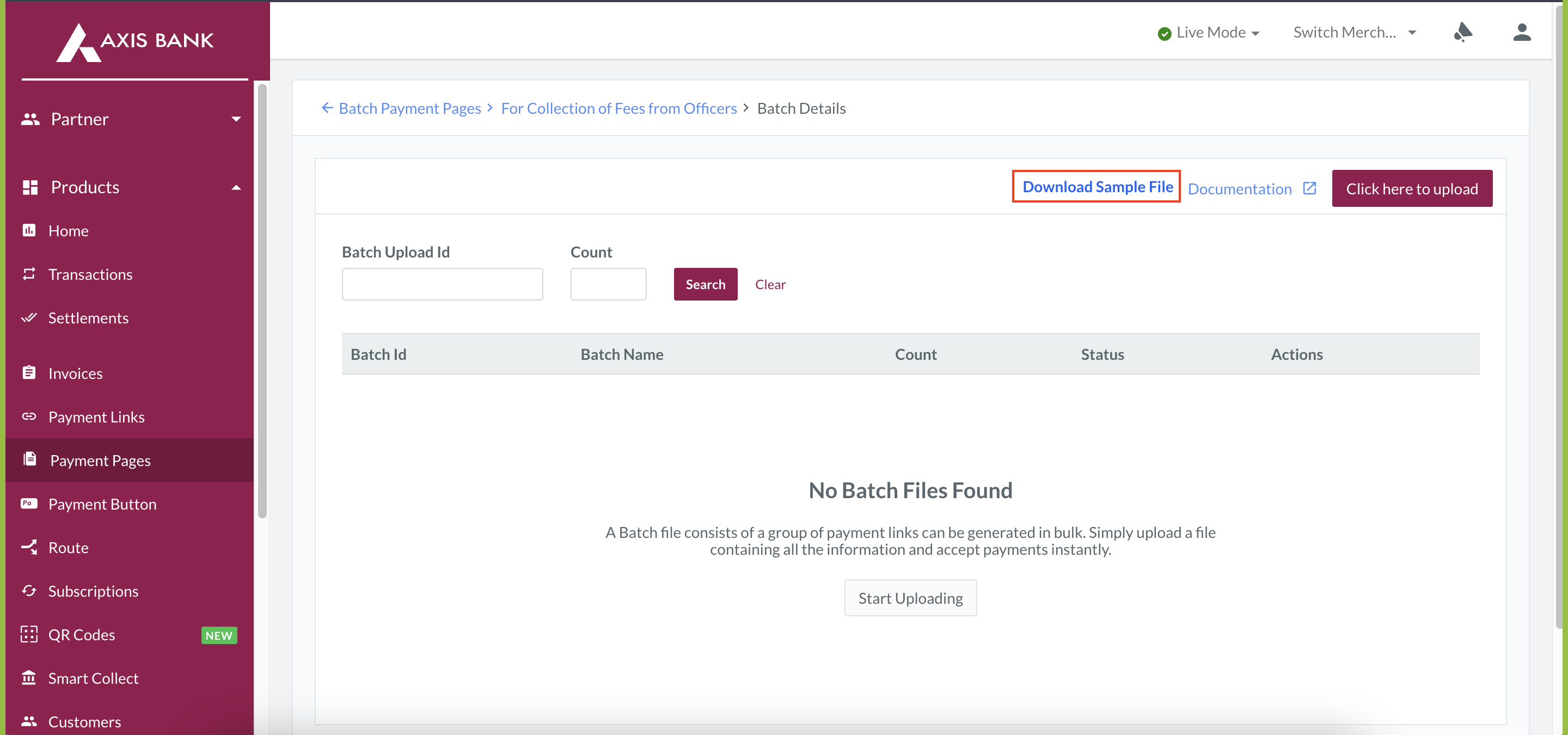 Shows the Download Sample File button on the Razorpay Dashboard.