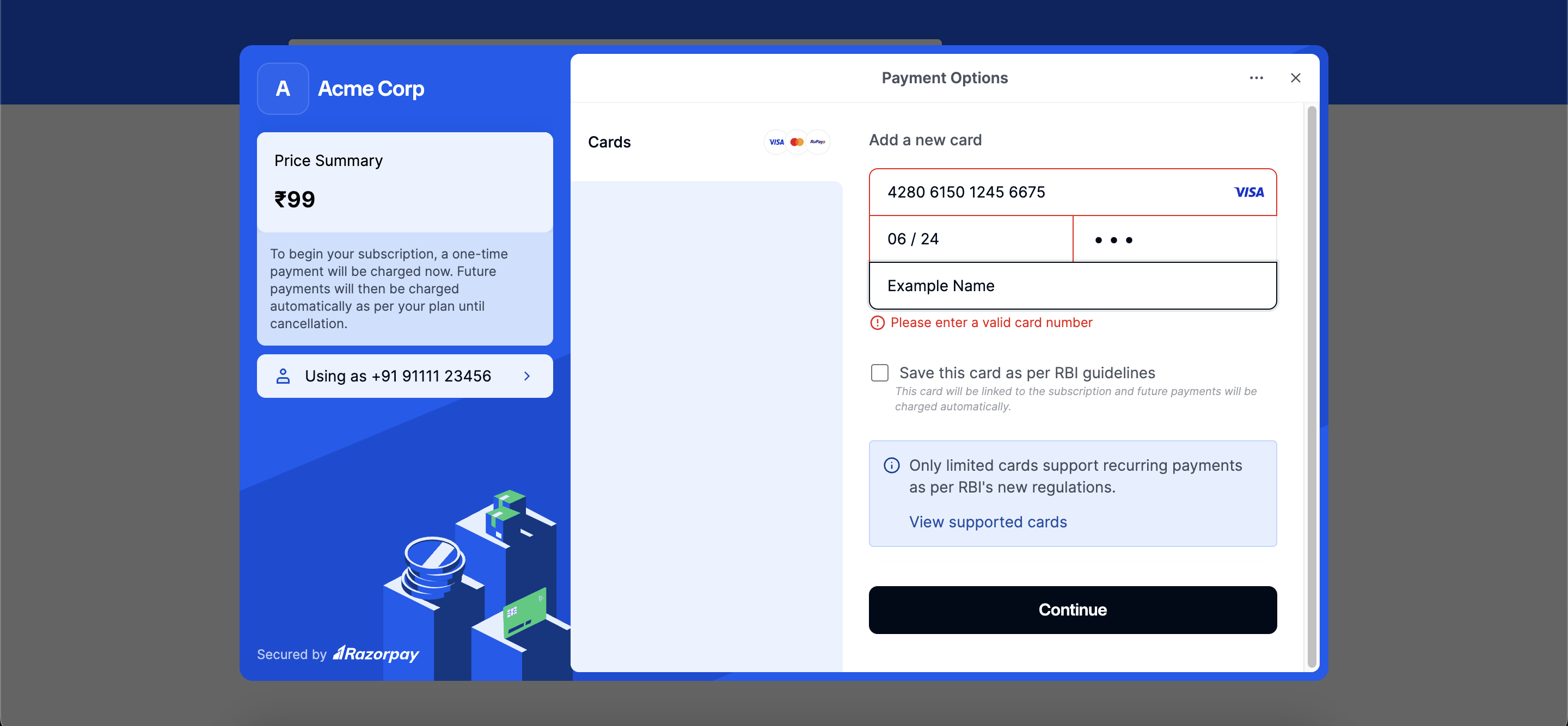 Error message when card does not support recurring payments