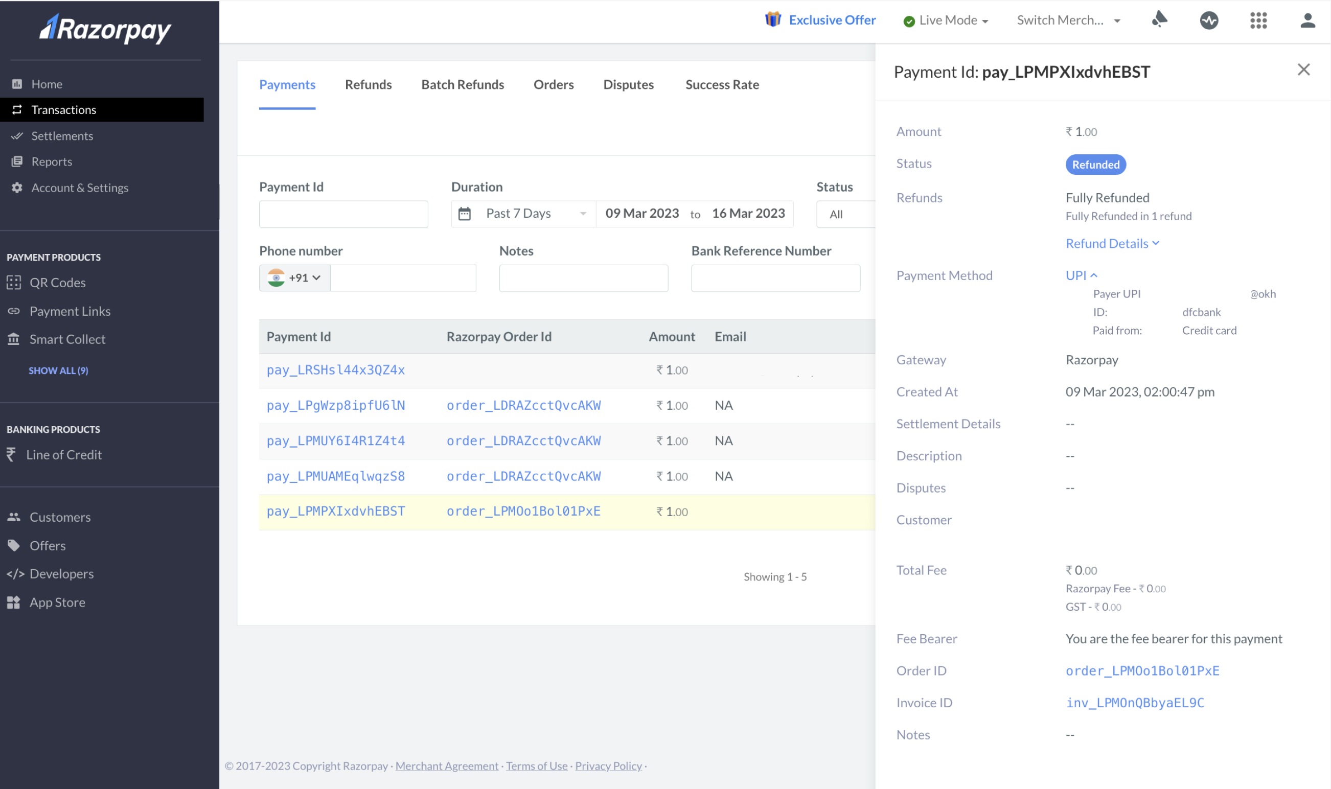 Image shows Credit Card payment via UPI on Razorpay Dashboard