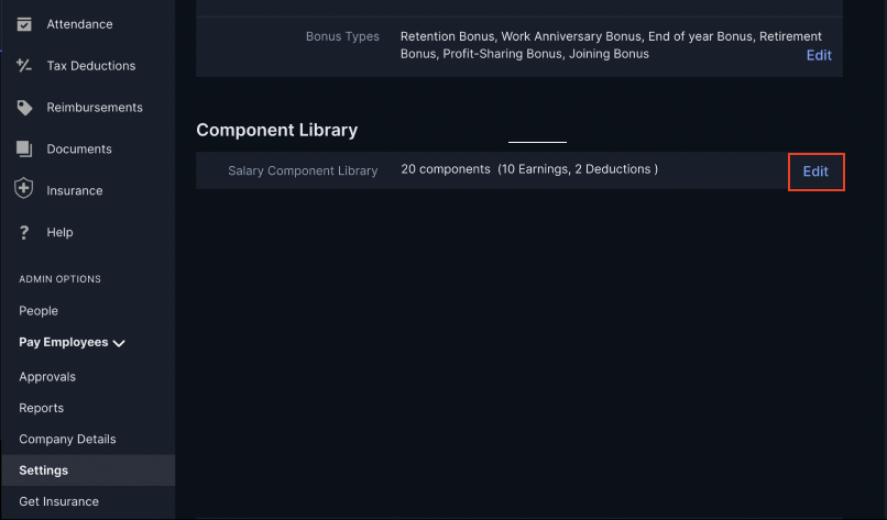 Salary Component Library with components listed by name, display name, pay type, taxability, and status.