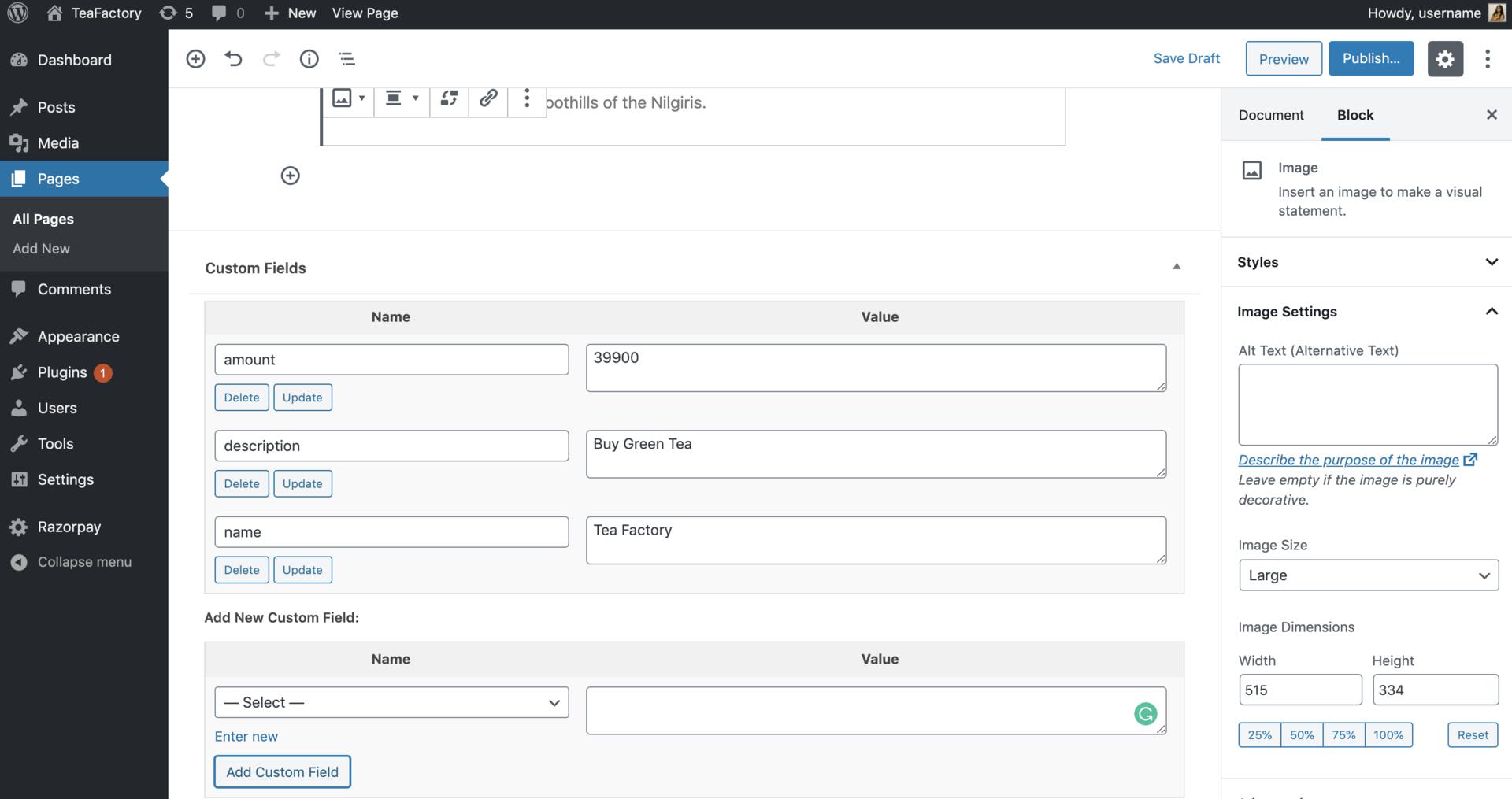 Custom fields amount name description