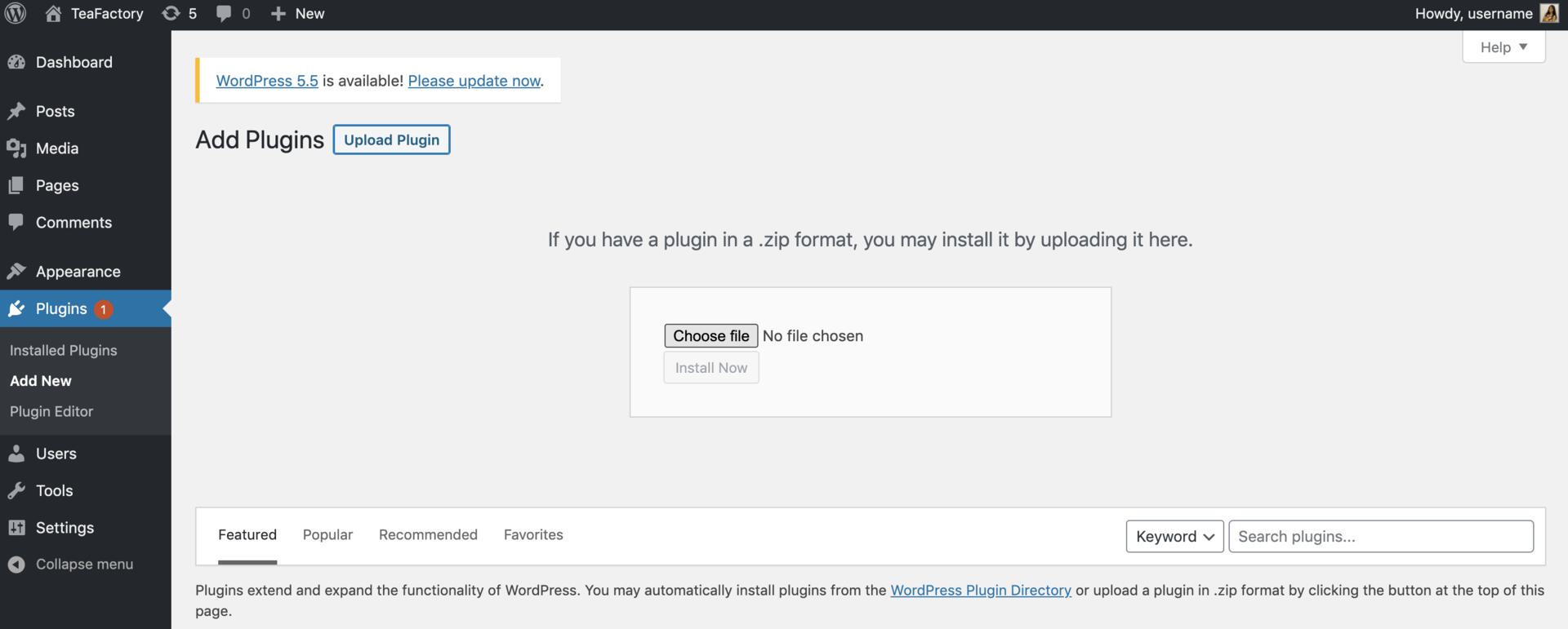 Upload plugin screen