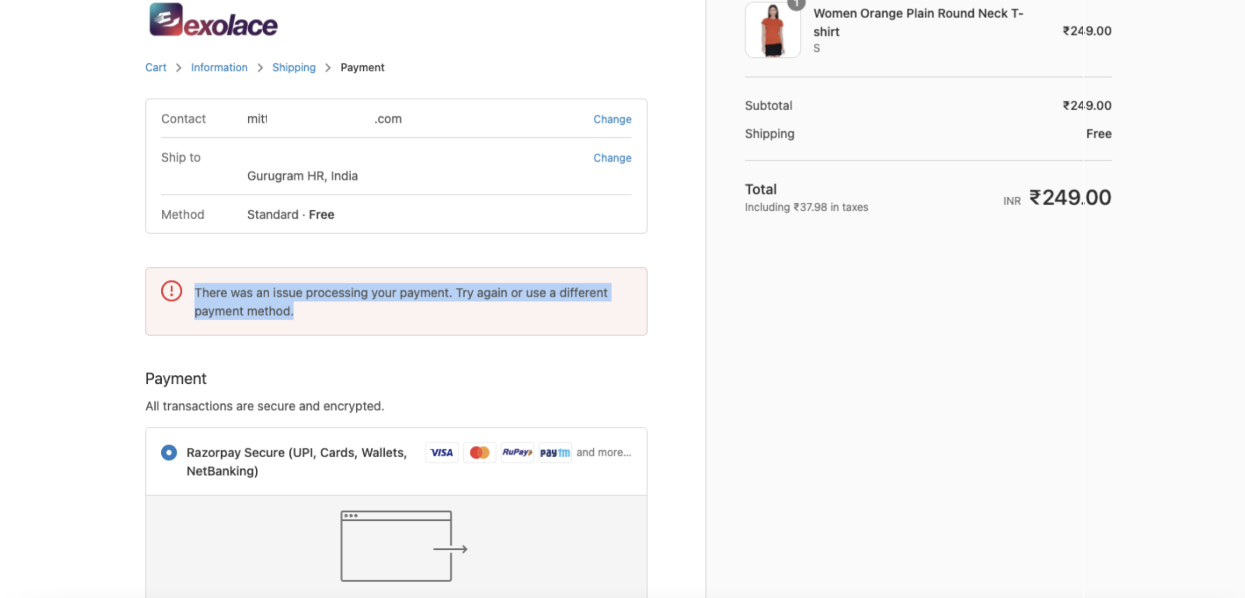 Shopify page payment error