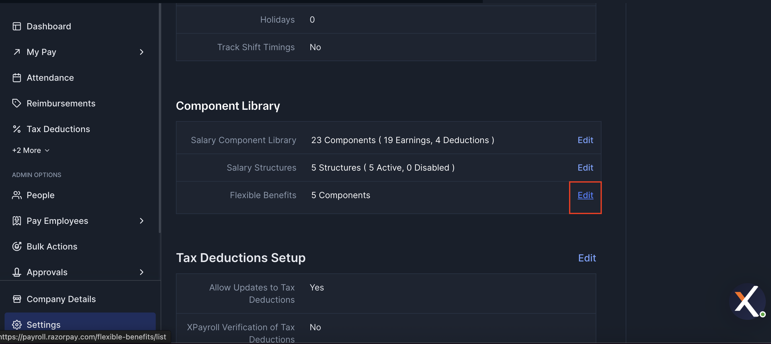 Settings Component Library Flexible Benefits Edit on RazorpayX Payroll