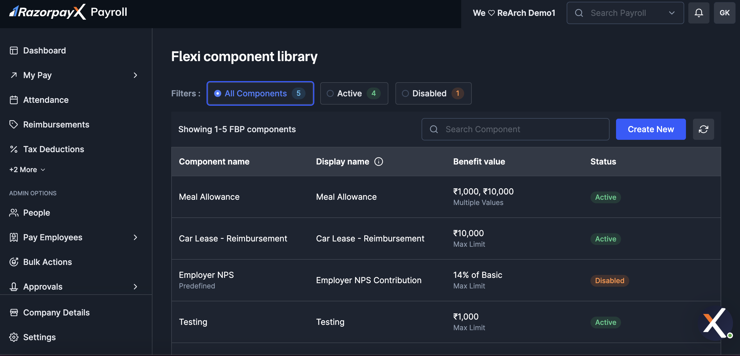 Flexi component library listing all FBP components on RazorpayX Payroll