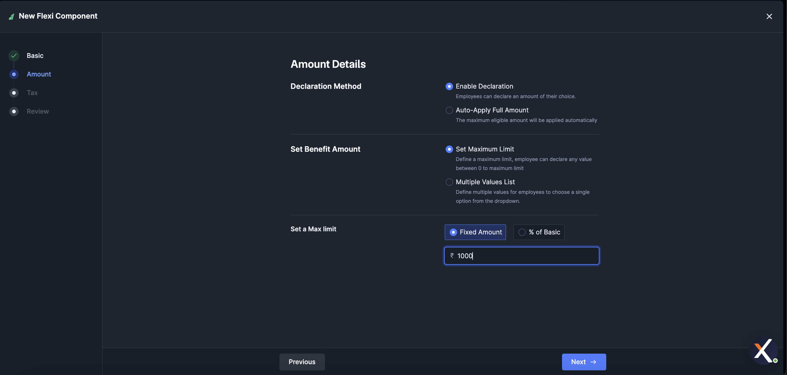 Create flexi component Amount Details step with declaration method and benefit amount on RazorpayX Payroll
