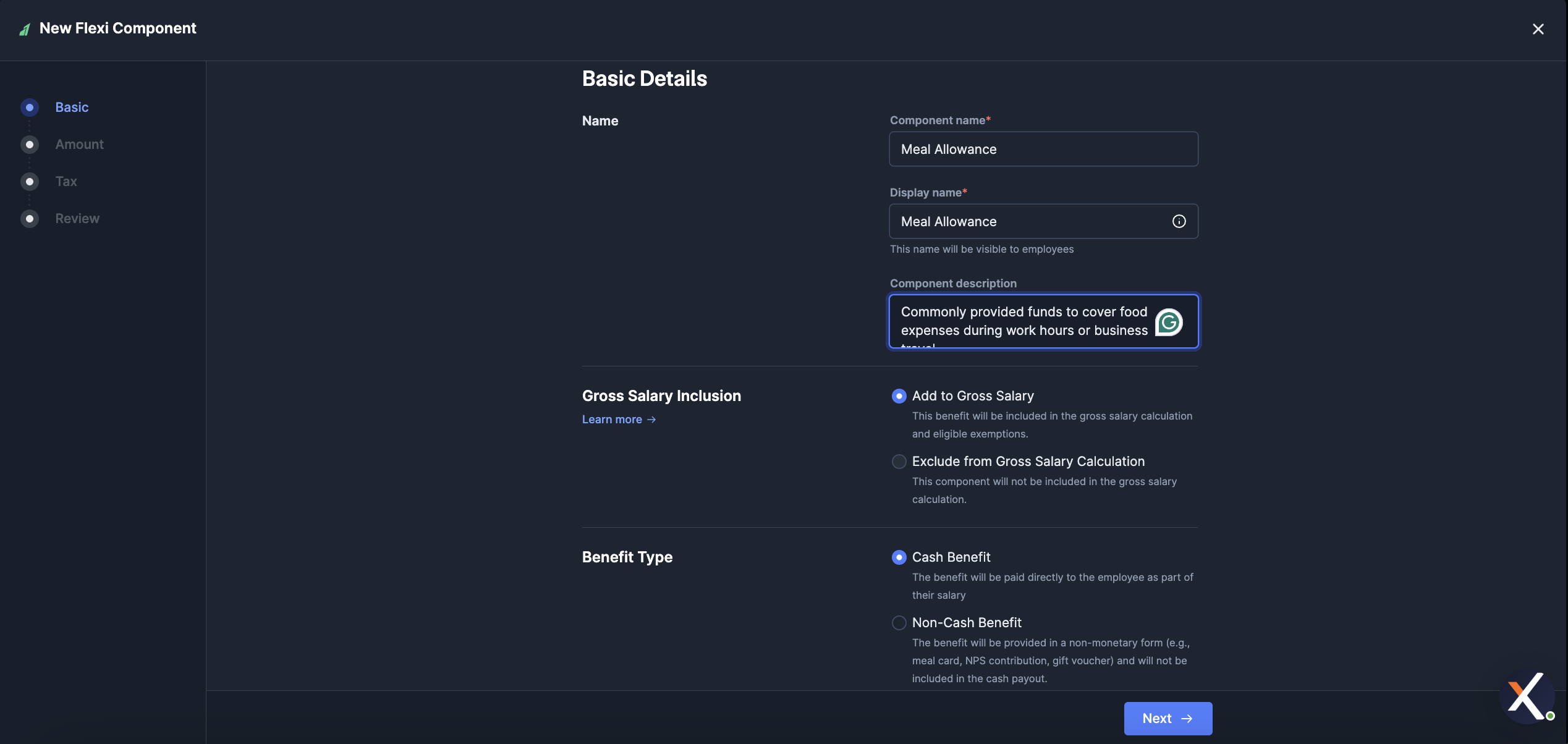 Create flexi component Basic Details step on RazorpayX Payroll