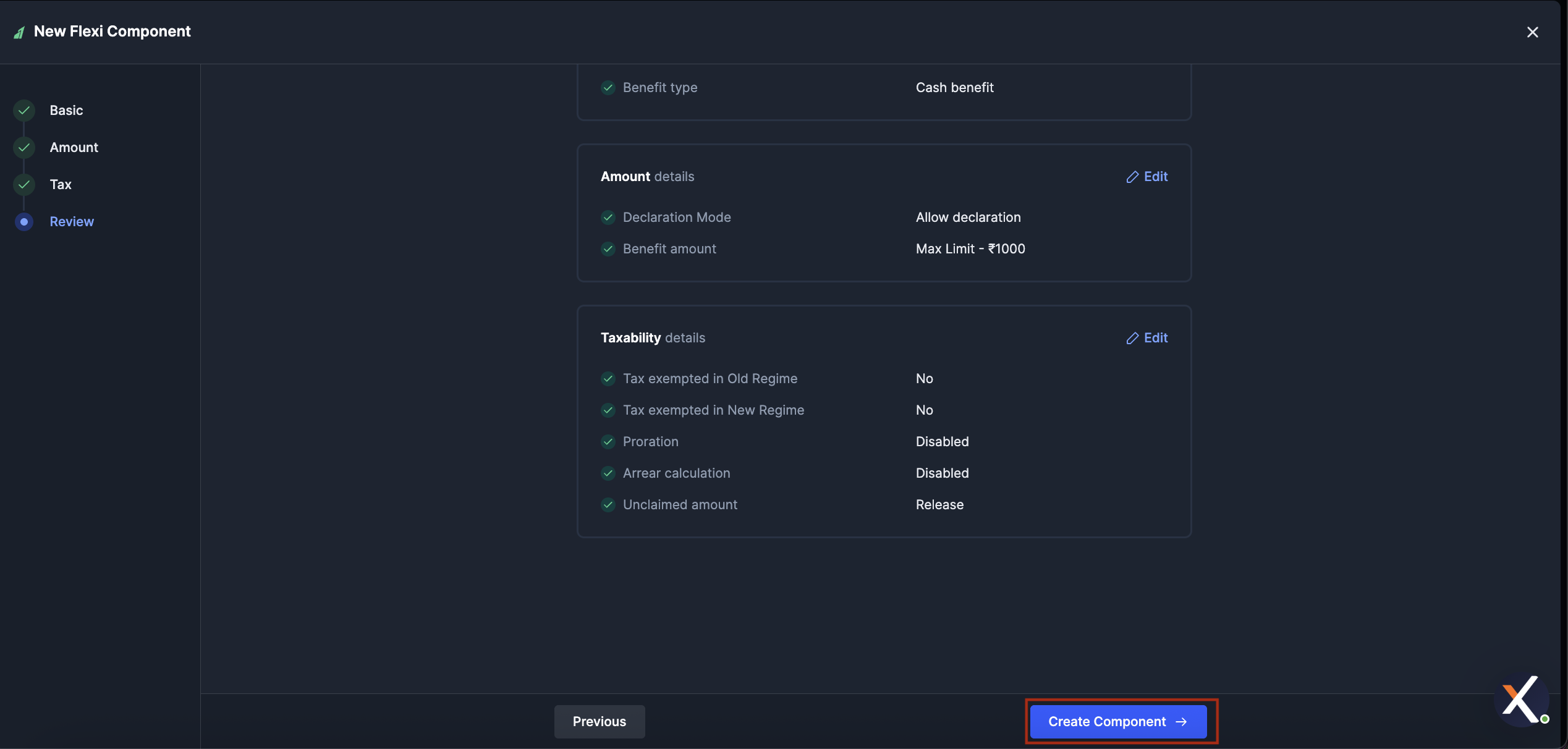 Review and Create Component step for new flexi component on RazorpayX Payroll