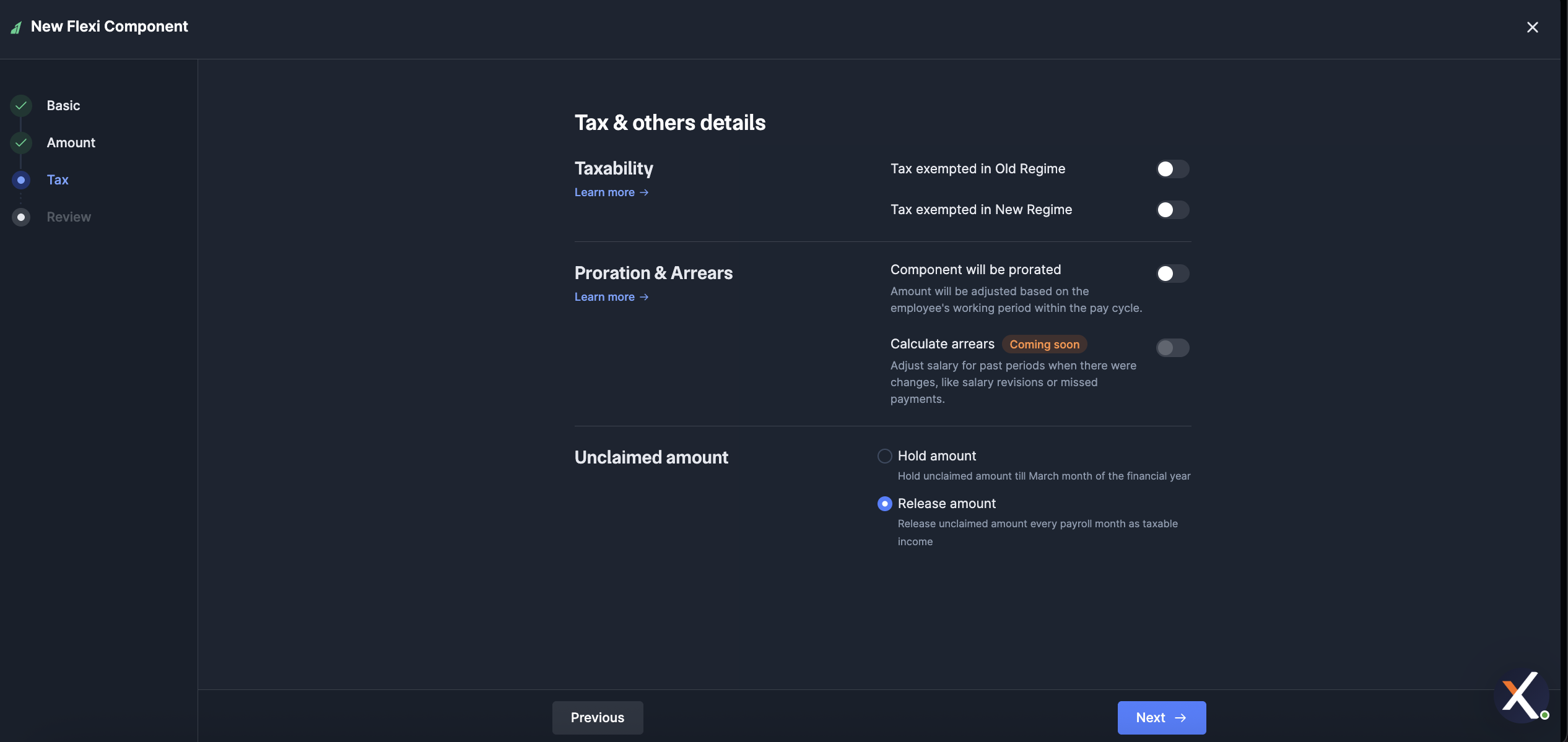 Create flexi component Tax and others details with taxability proration and unclaimed amount settings on RazorpayX Payroll
