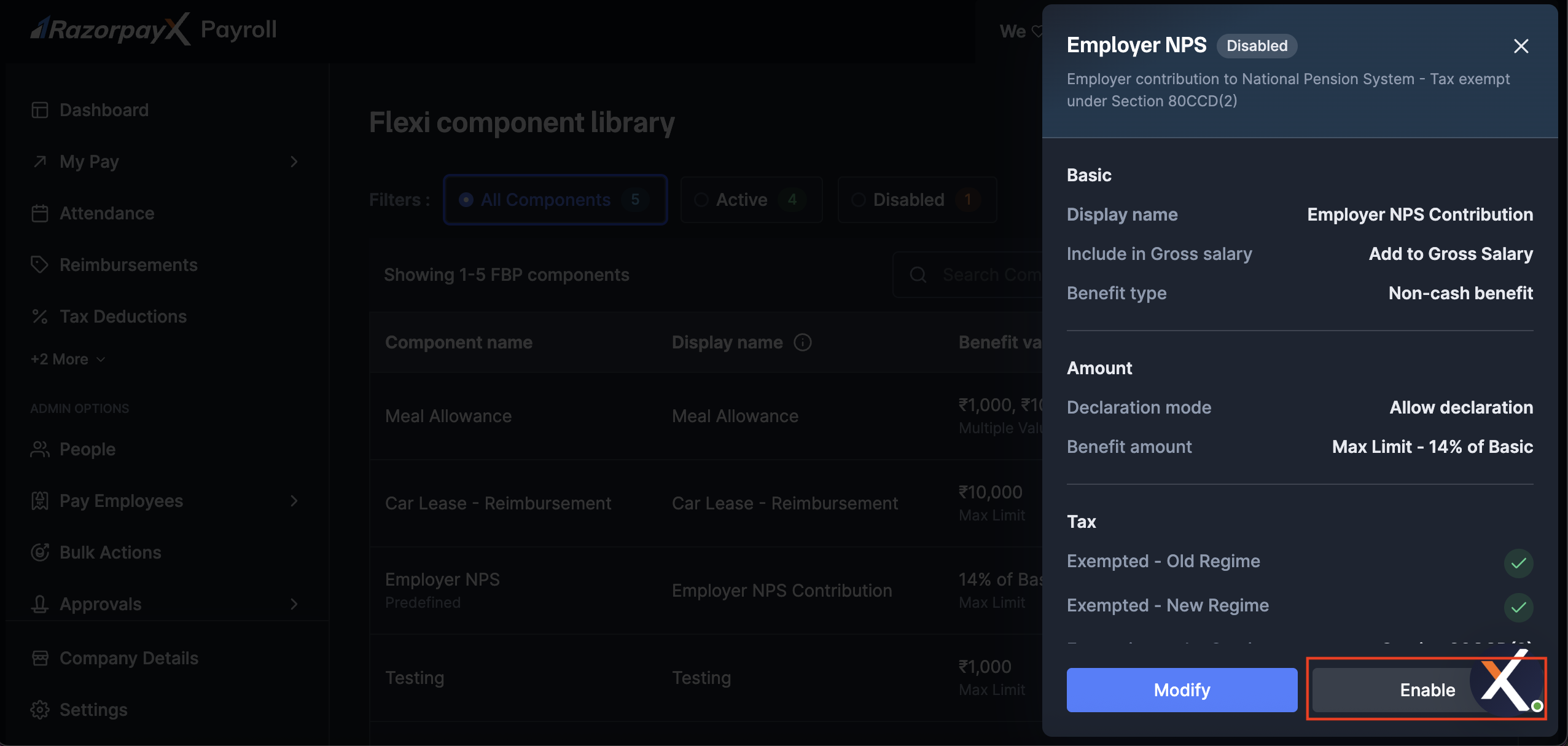 Enable action in the Employer NPS side panel on RazorpayX Payroll