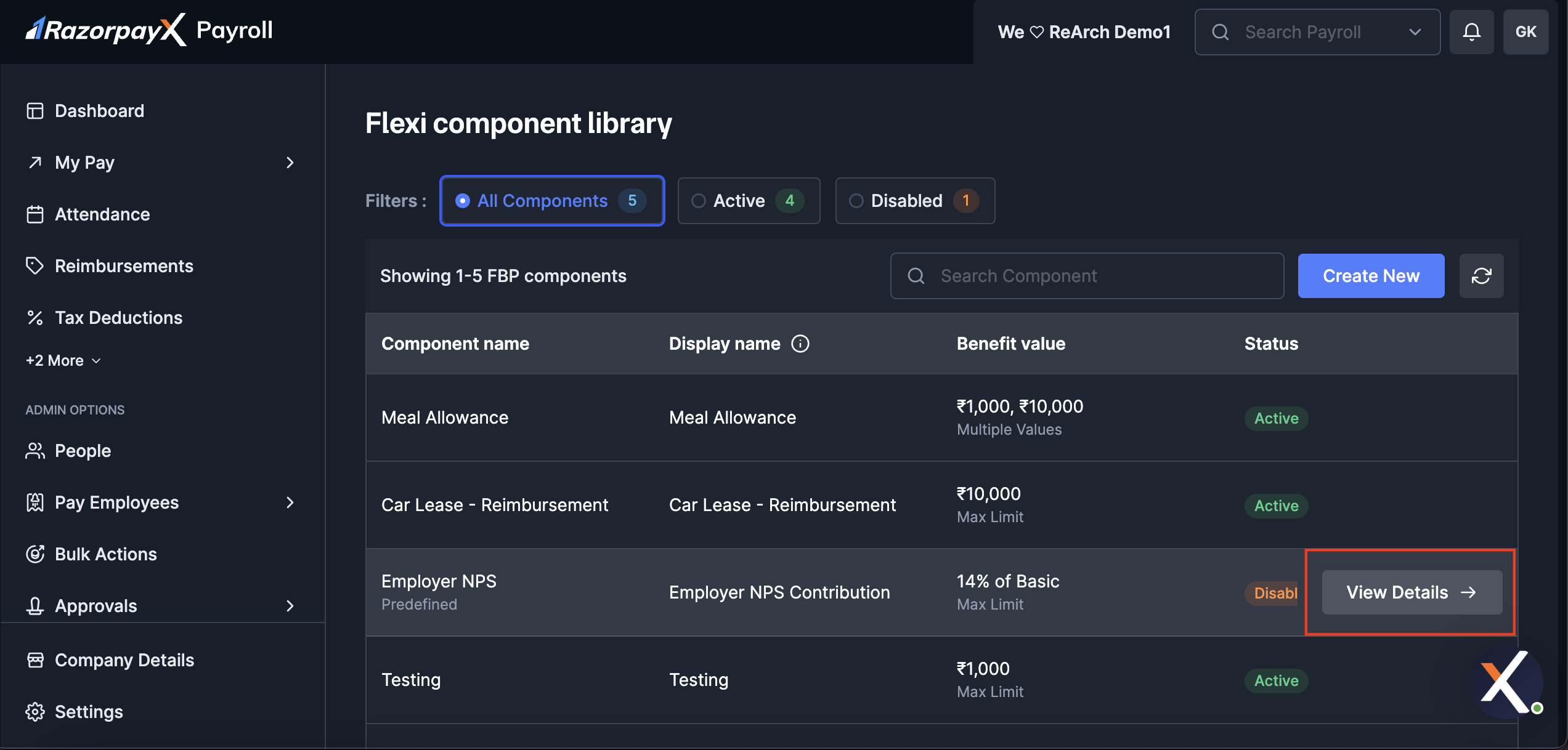 View Details action on the Employer NPS row in the Flexi component library on RazorpayX Payroll