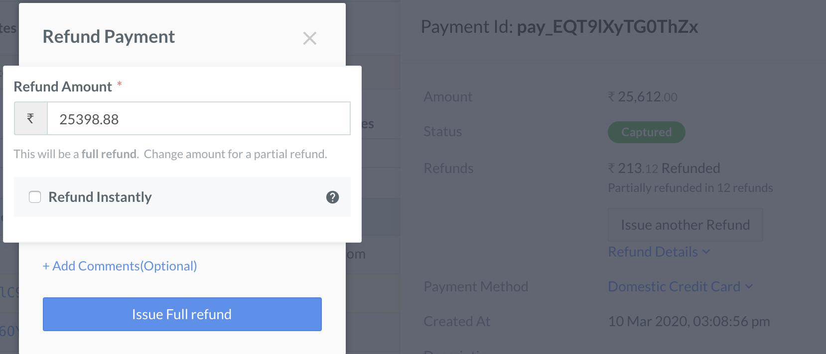 Unselect Refund Instantly to issue a normal refund