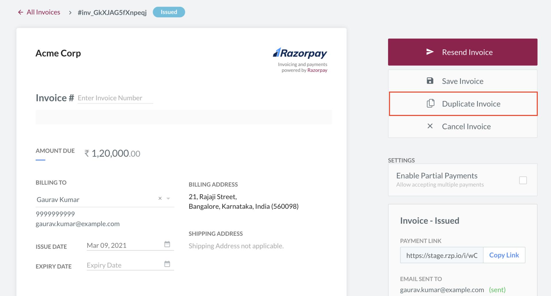 Duplicate Invoice