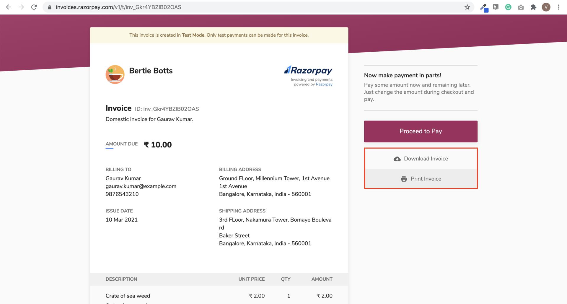 Download or Print Invoice