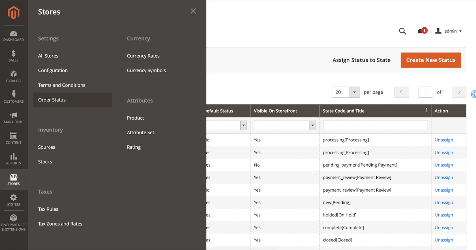 Magento Admin Dashboard order status