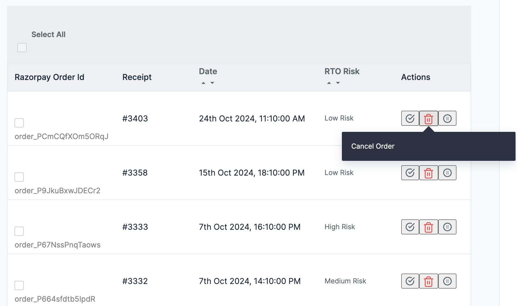 Cancel Order based on the risk level