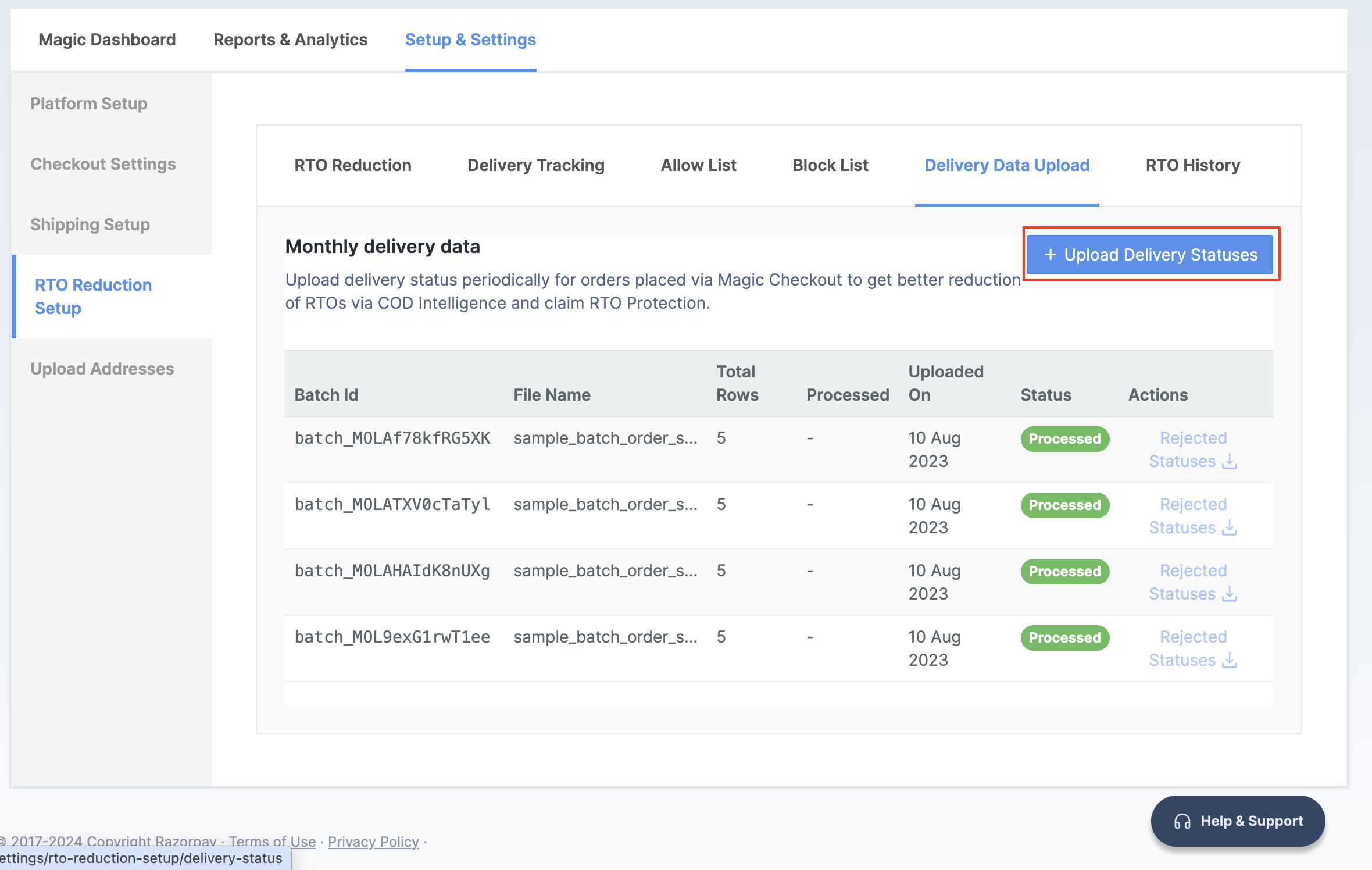 Monthly delivery data on the Razorpay Dashboard and upload the file