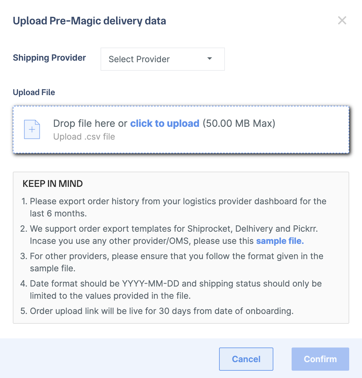 Upload the order history file