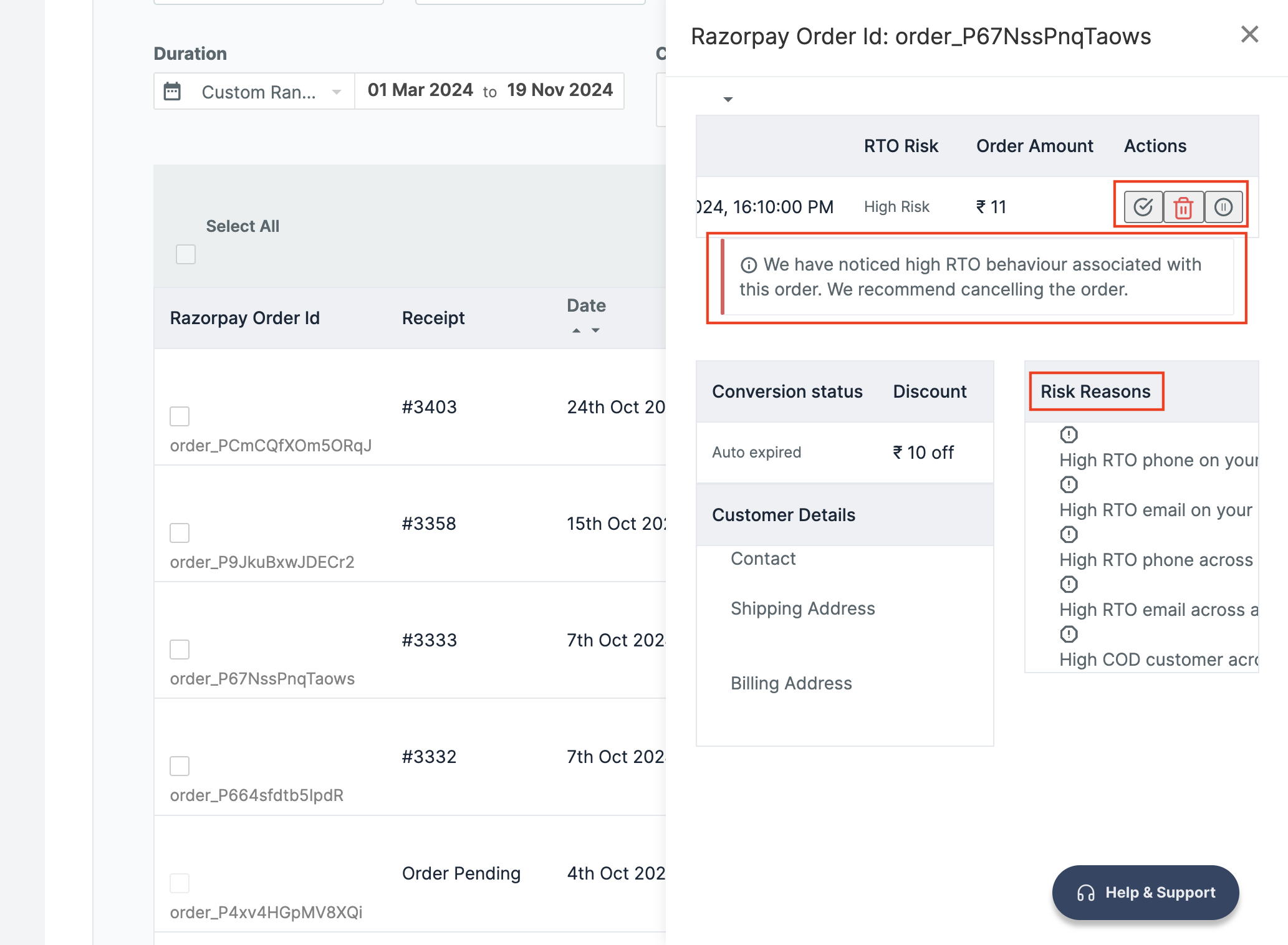 Select order id to view the risk reasons, recommendations and customer details