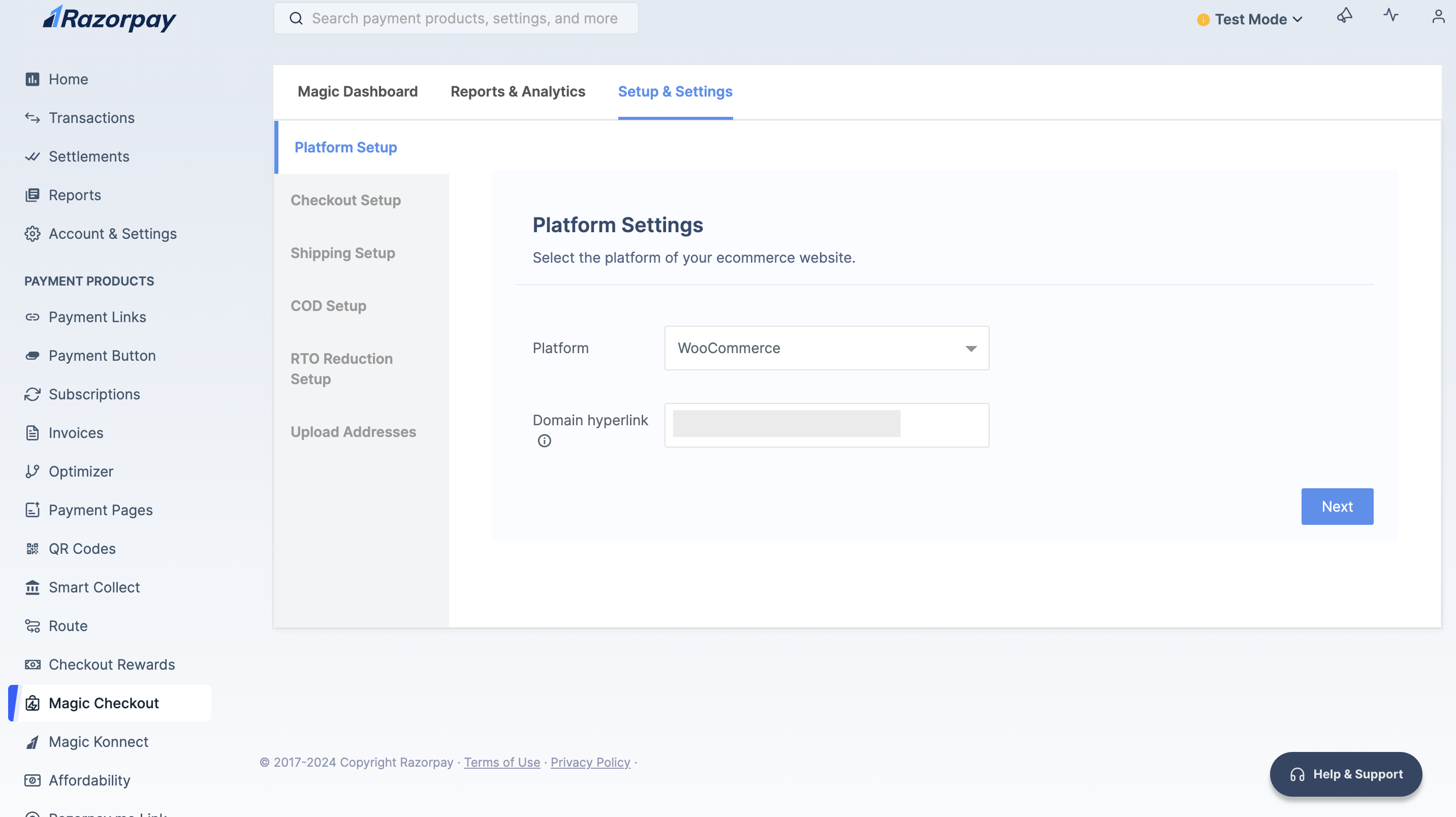 Enter WooCommerce domain hyperlink on Magic Checkout Settings