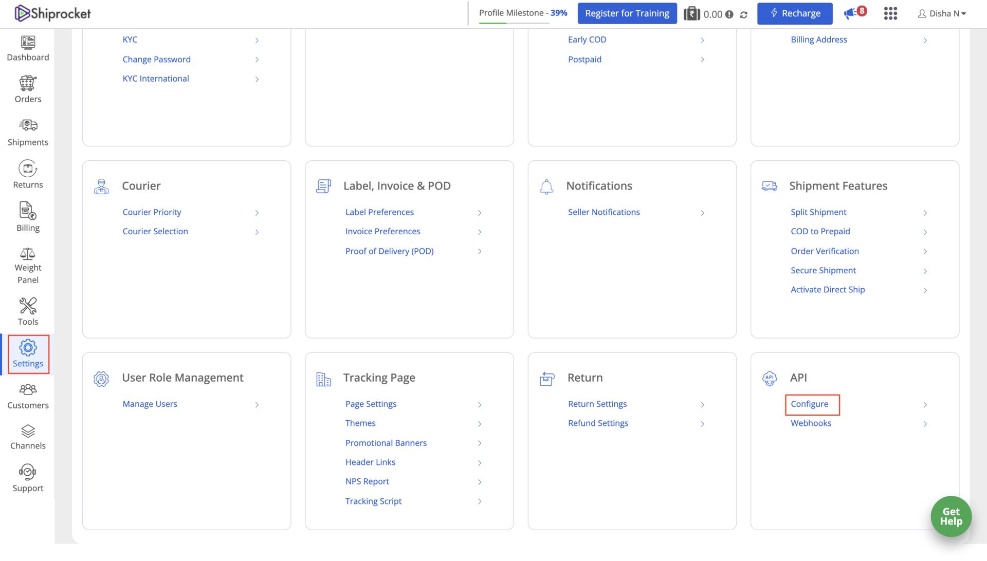 Navigate to Configure section on the Shiprocket Dashboard.