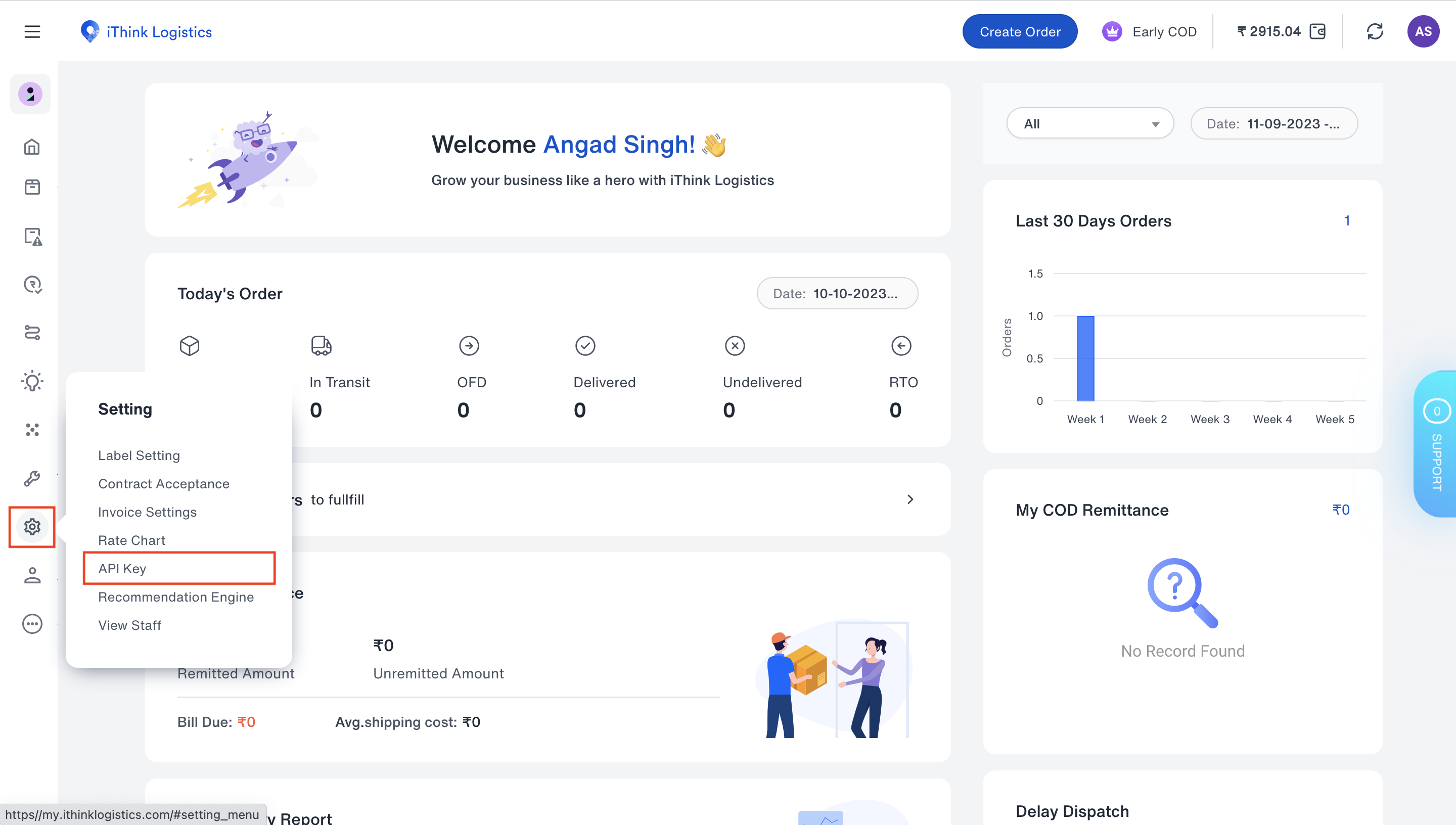 Navigate to API keys section on the iThink logistics Dashboard