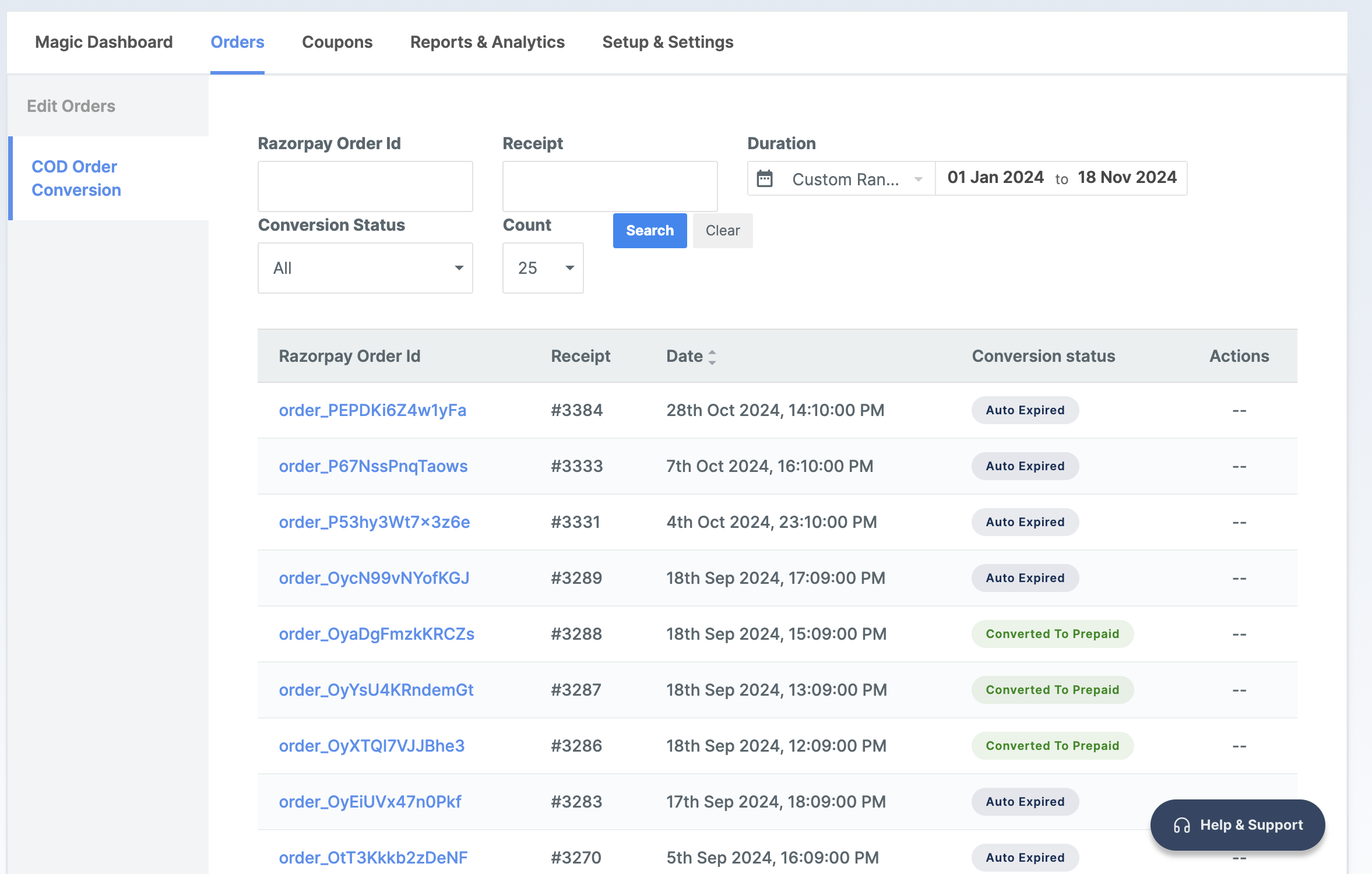 View order Id and conversion status on the Razorpay Dashboard