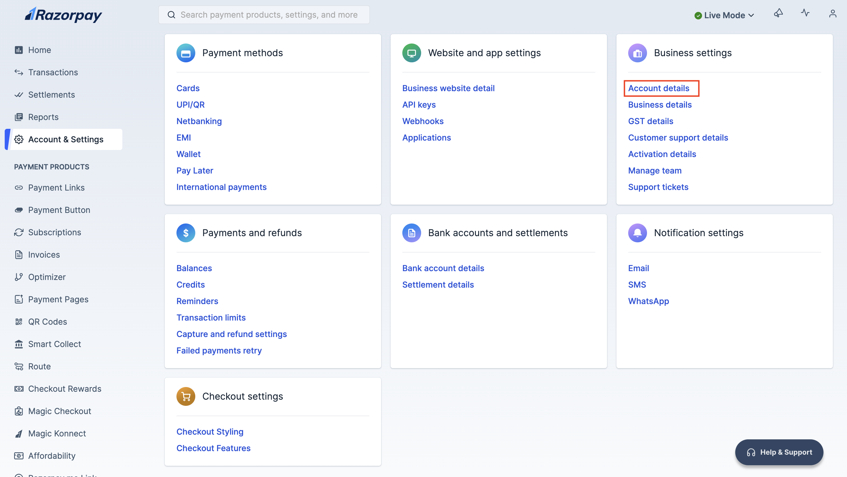 Edit Account details on the Razorpay Dashboard
