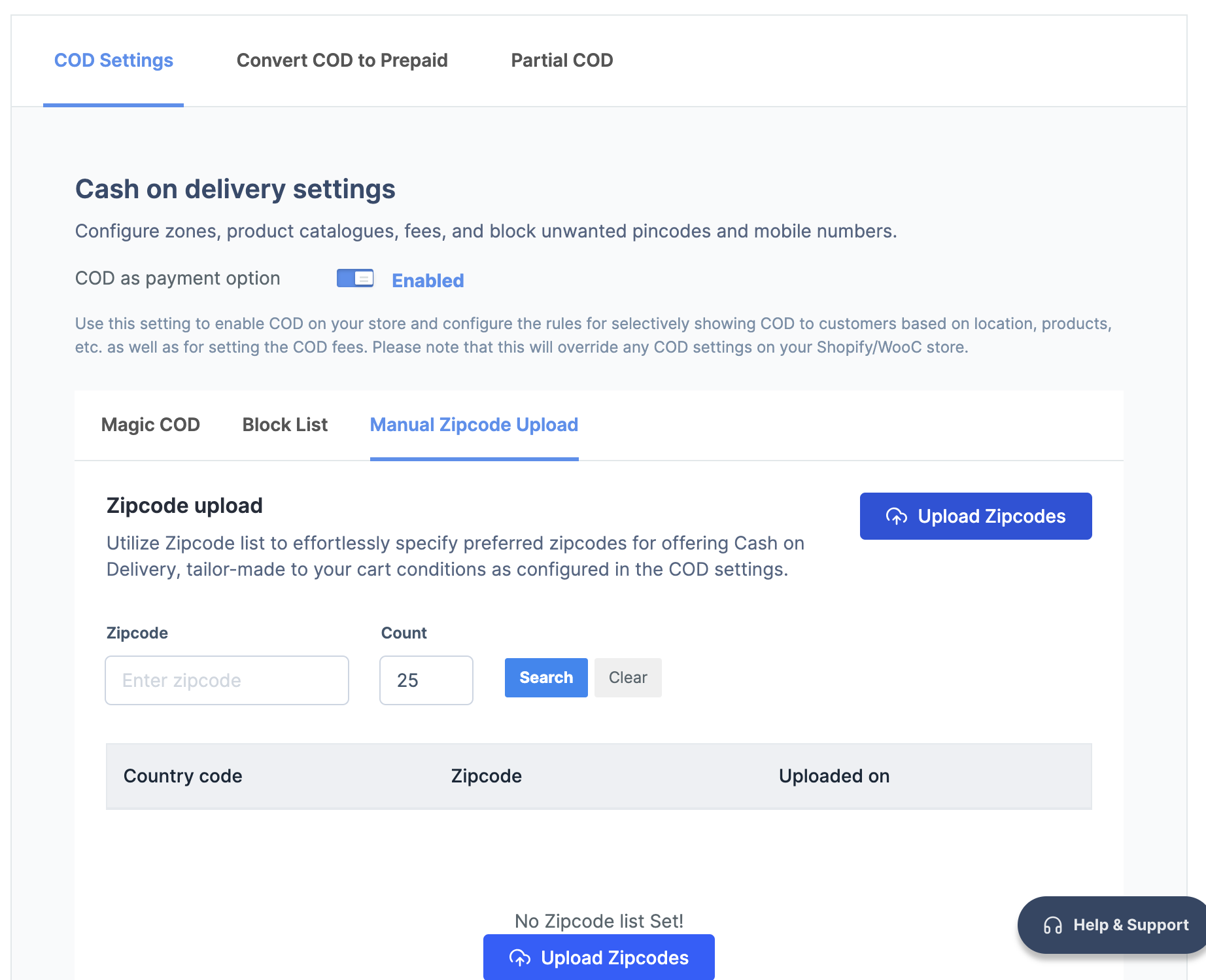 Upload ZIP codes to offer COD only to specific ZIP codes