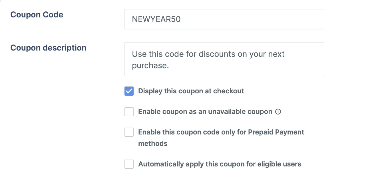 Enter the coupon code and description