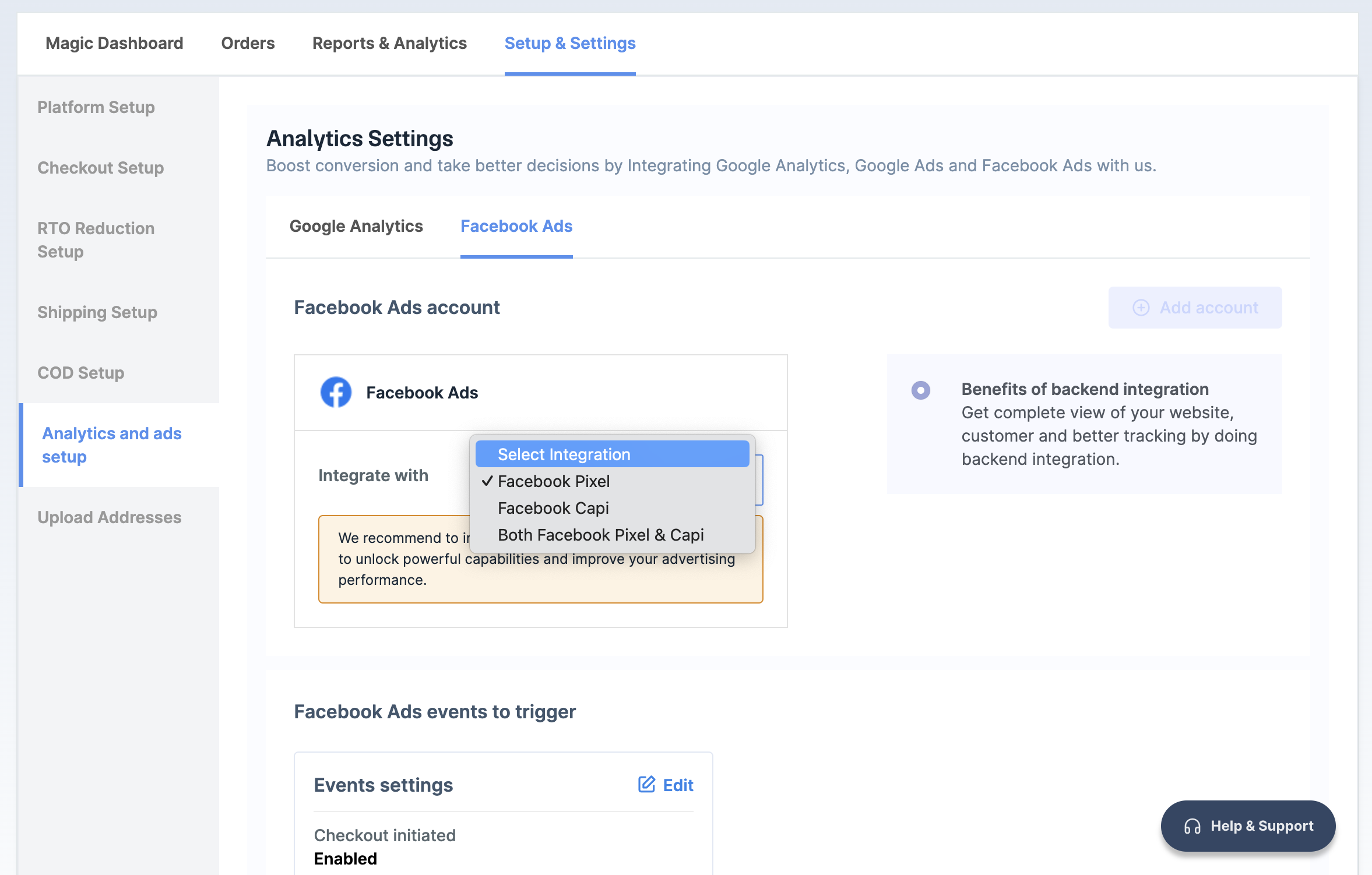 Select the integration type to configure Facebook Ads