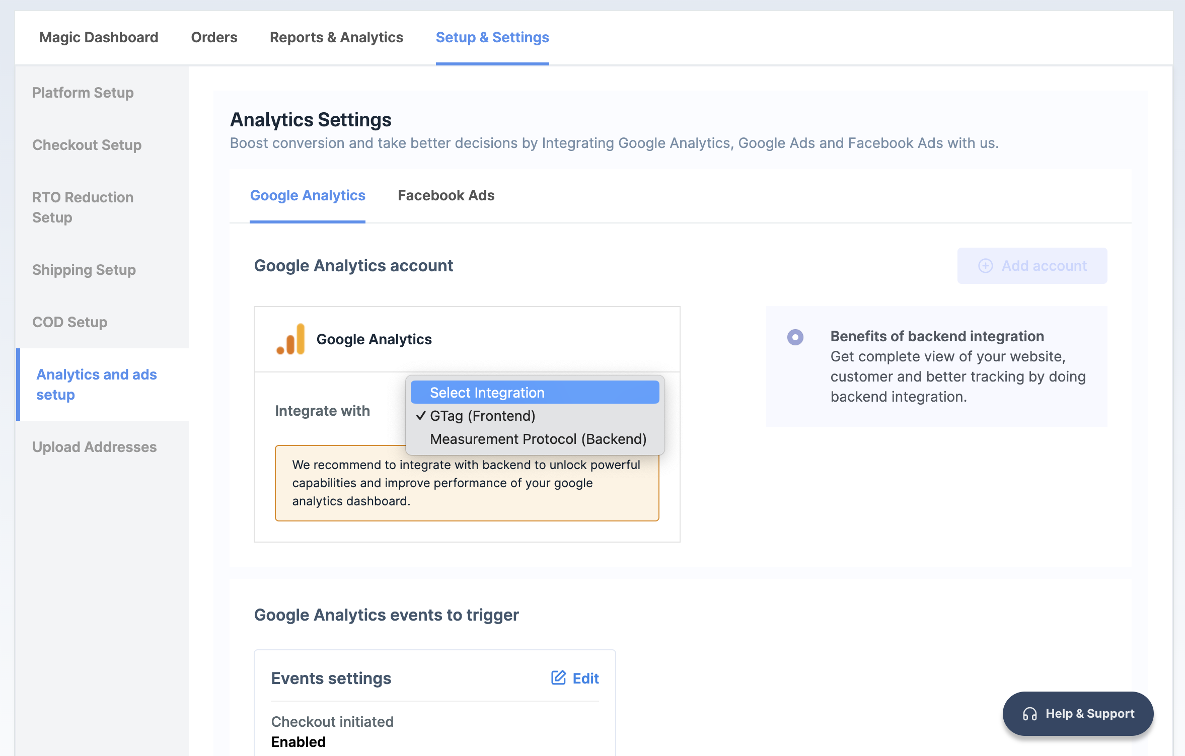 Select the integration type to configure GA