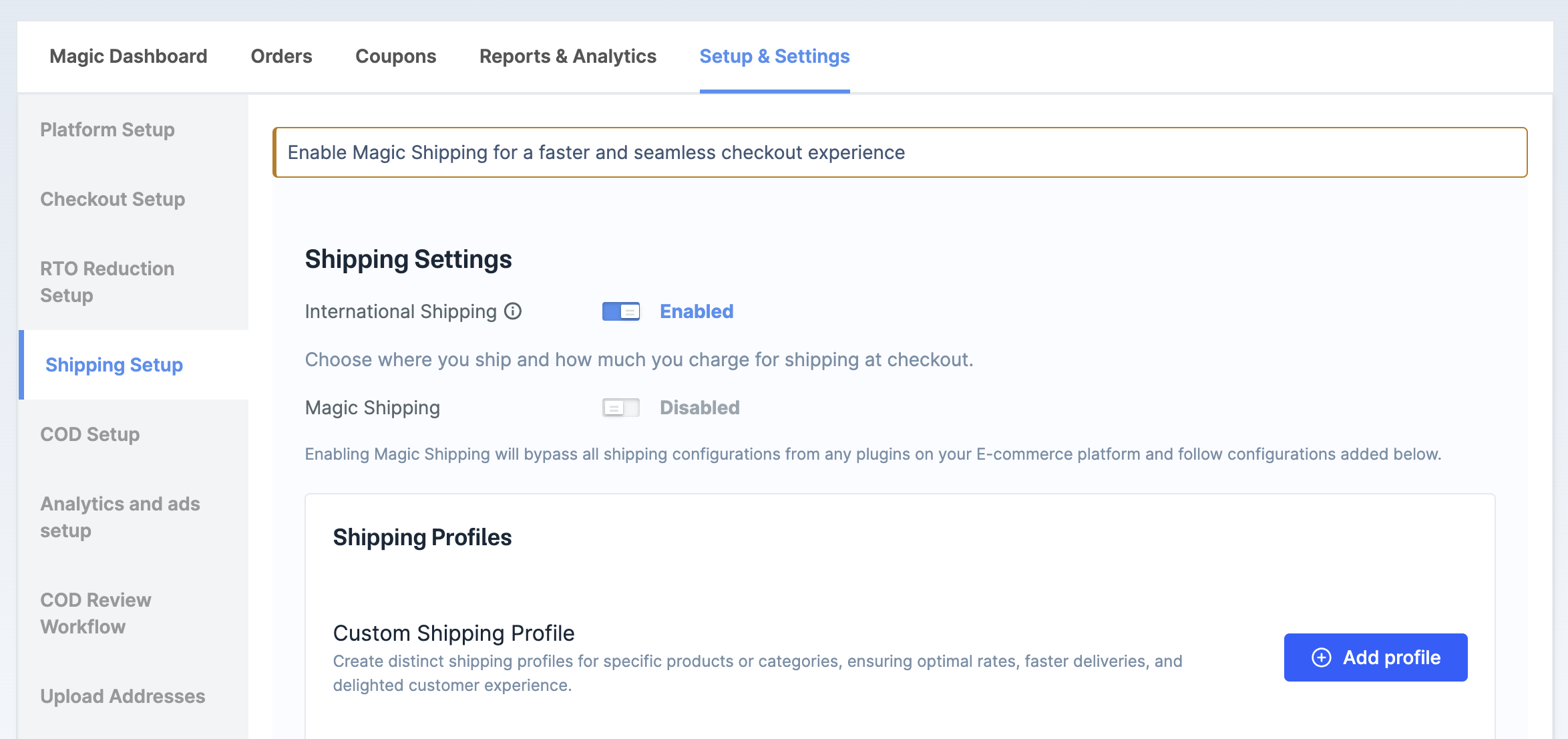 Navigate to Shipping settings on the Razorpay Dashboard