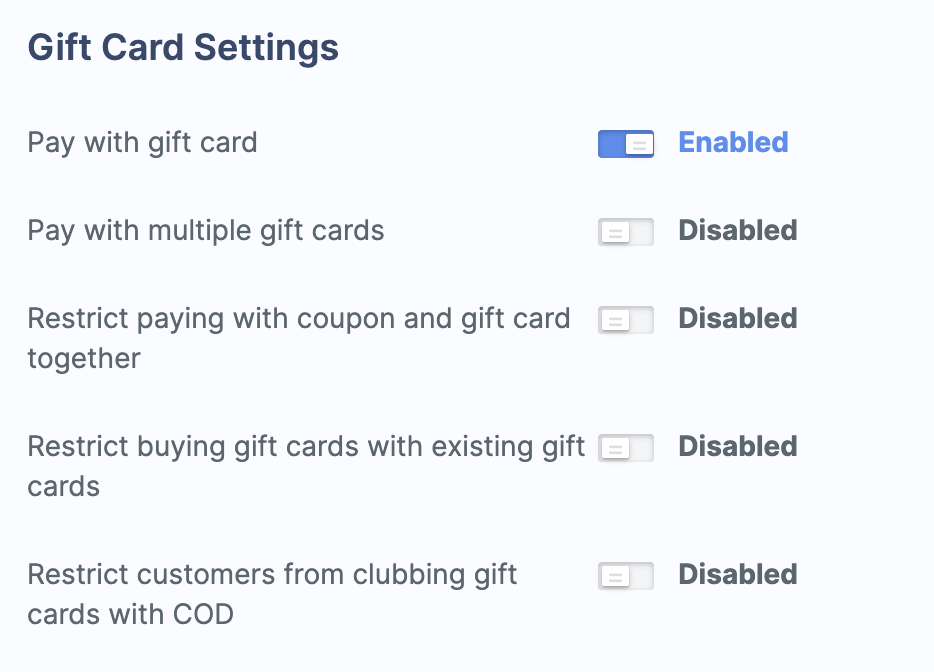 Configure the gift card options if required