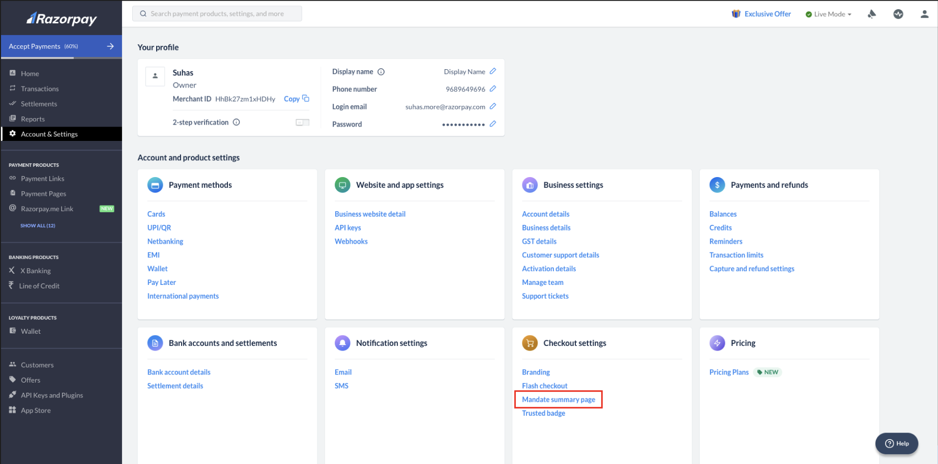 Mandate summary page option under Checkout settings