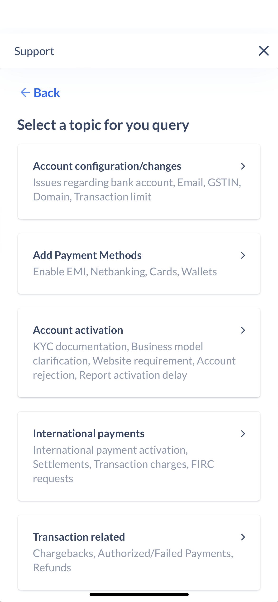Nature of support ticket on the Razorpay payments mobile app