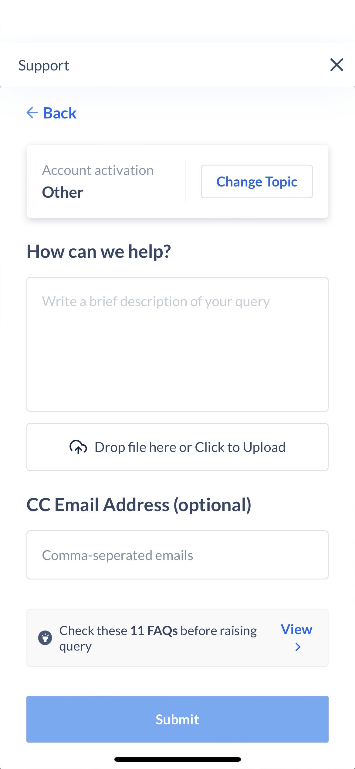 Support ticket drafting page and related FAQs