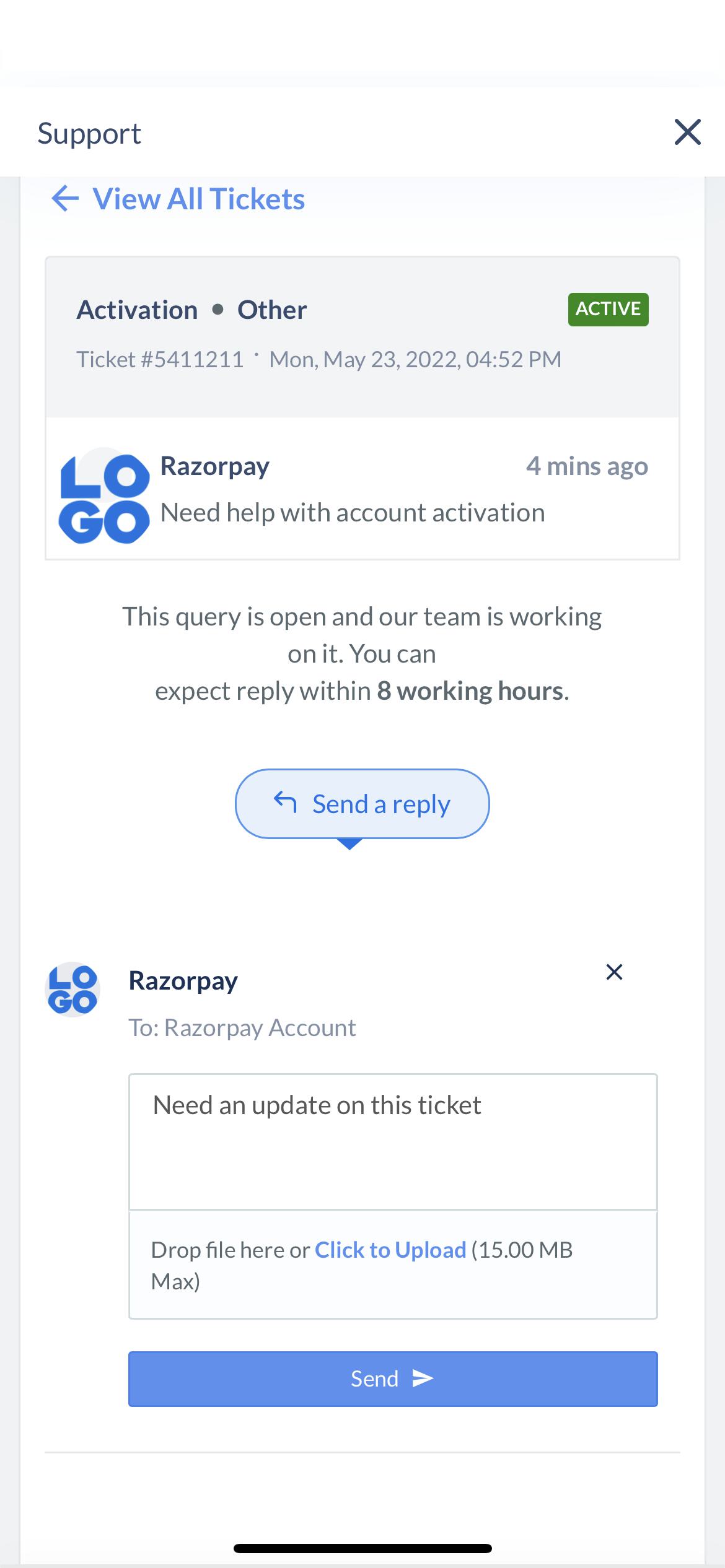 Track the status of a support ticket on Razorpay payments mobile app