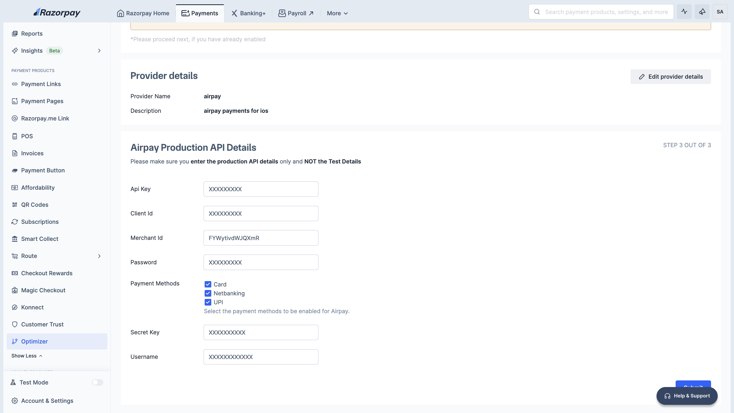 Add Airpay production API details in Razorpay Optimizer