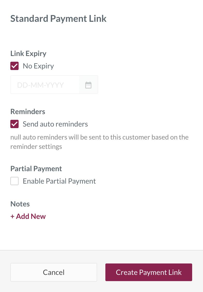 Enable or disable reminders when creating a Payment Link