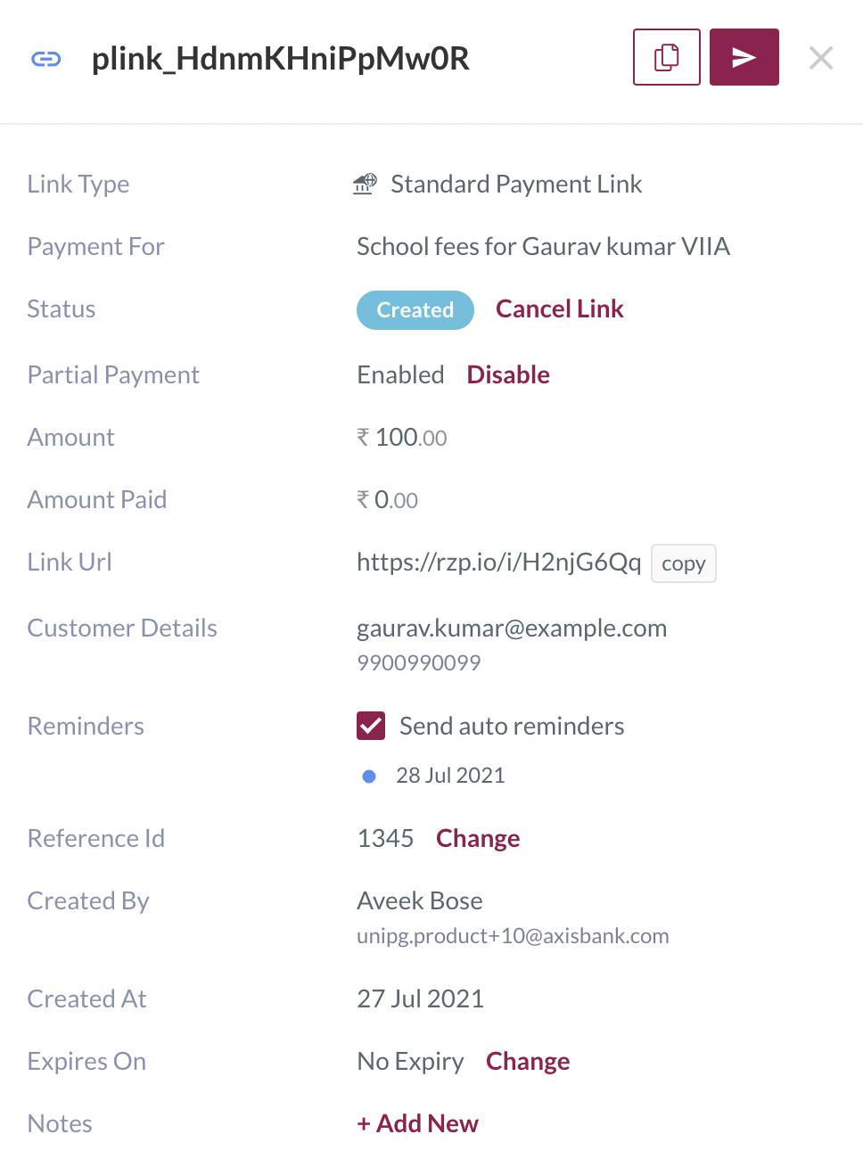 Edit reminders for an issued Payment Link