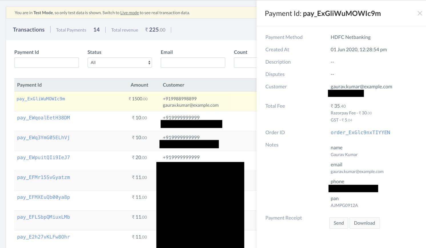 Transaction Details section with list of payments