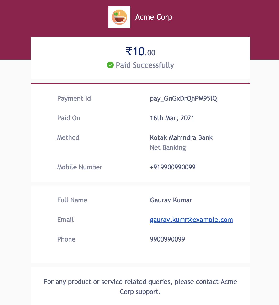 Payment receipt sent via email notification to a customer