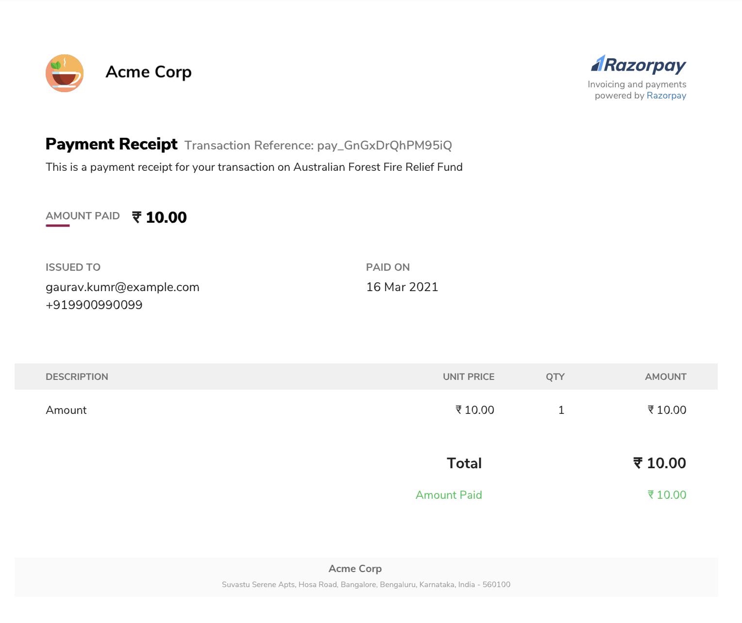 Sample PDF of the payment receipt