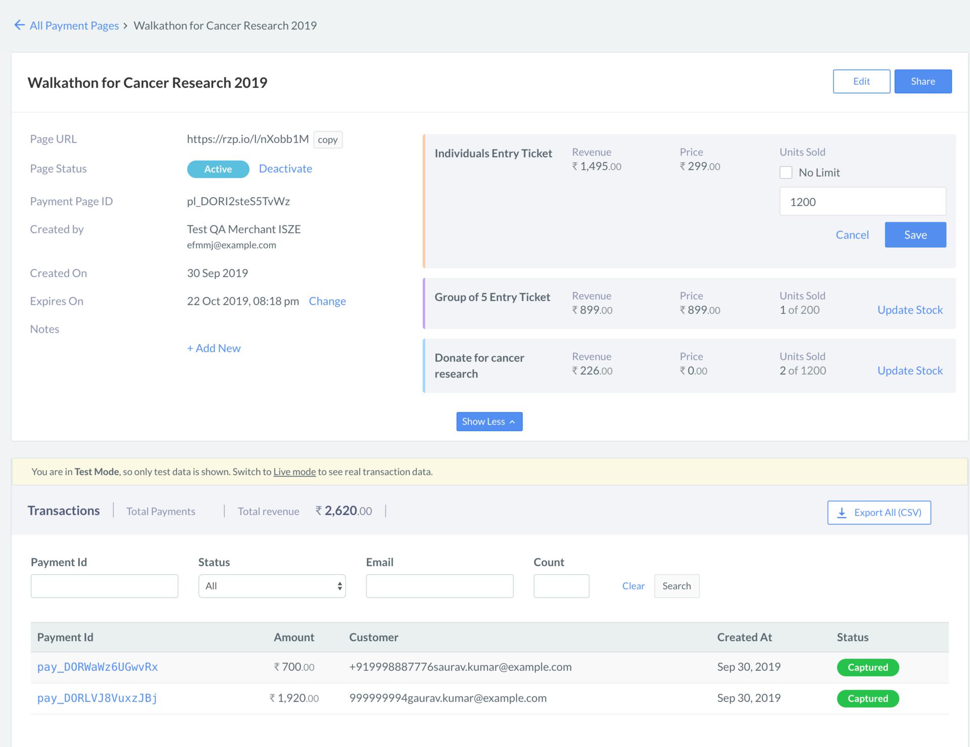 Transaction details view page for tracking payments